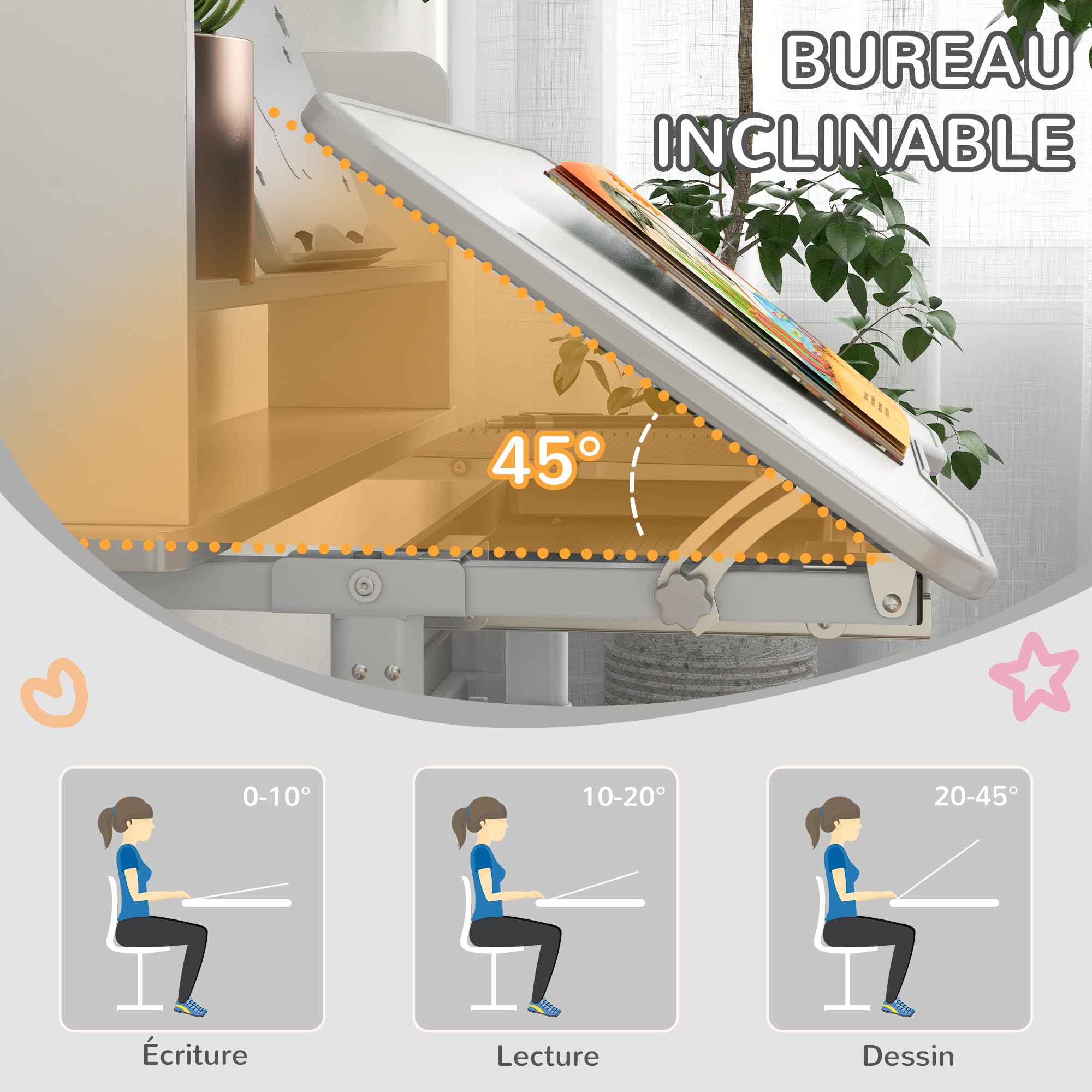 ZONEKIZ Bureau Enfant Avec Chaise en Acier - Hauteur Réglable, Étagère, Tablette Coulissante Multi-Rangement, Inclinable 45° - Gris Blanc