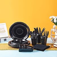Vista 3 de 175 piezas de suministros para fiestas negros, juego de vajilla desechable, platos de plástico y servilletas de papel, vasos, cubiertos, sirve 25