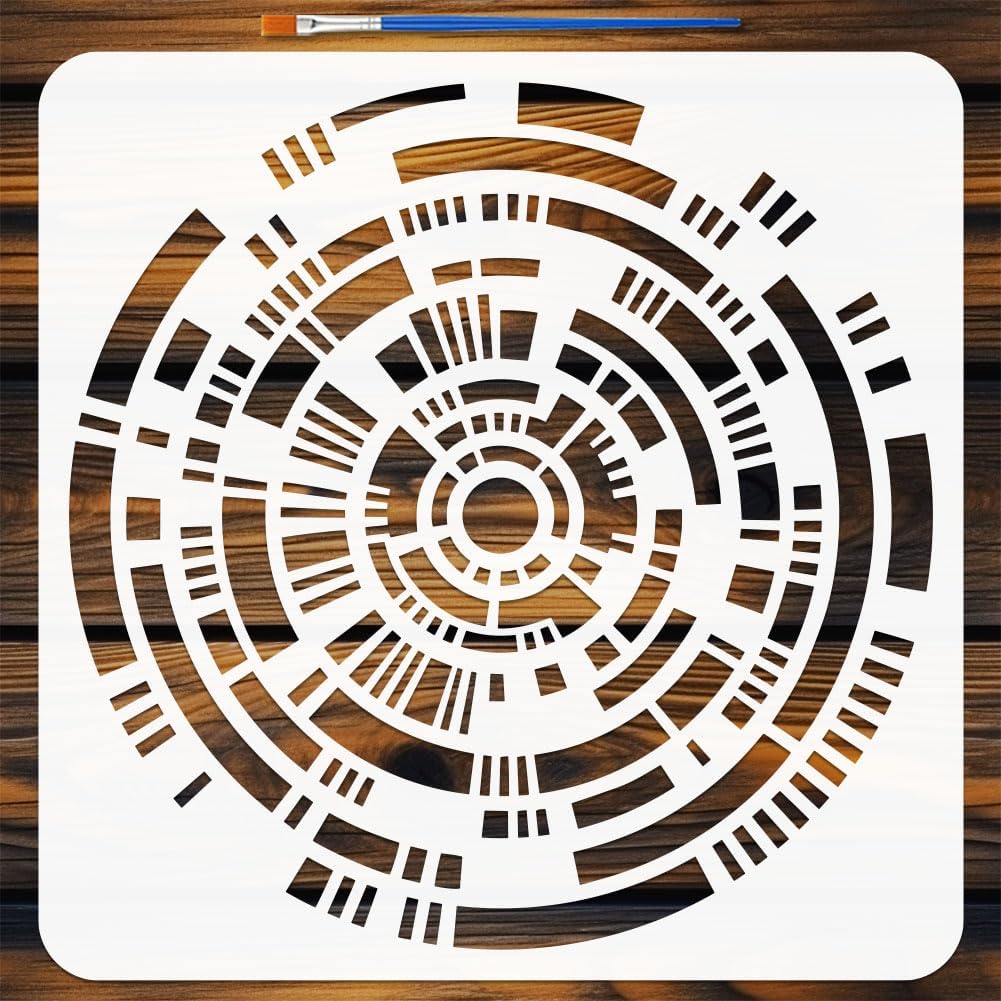 FINGERINSPIRE Mechanical Wheels Painting Stencil with Paint Brush 11.8x11.8inch Reusable Gear Pattern Drawing Template Plastic PET Wheel Gear Stencil Daily Theme Template for Wall Furniture Decor