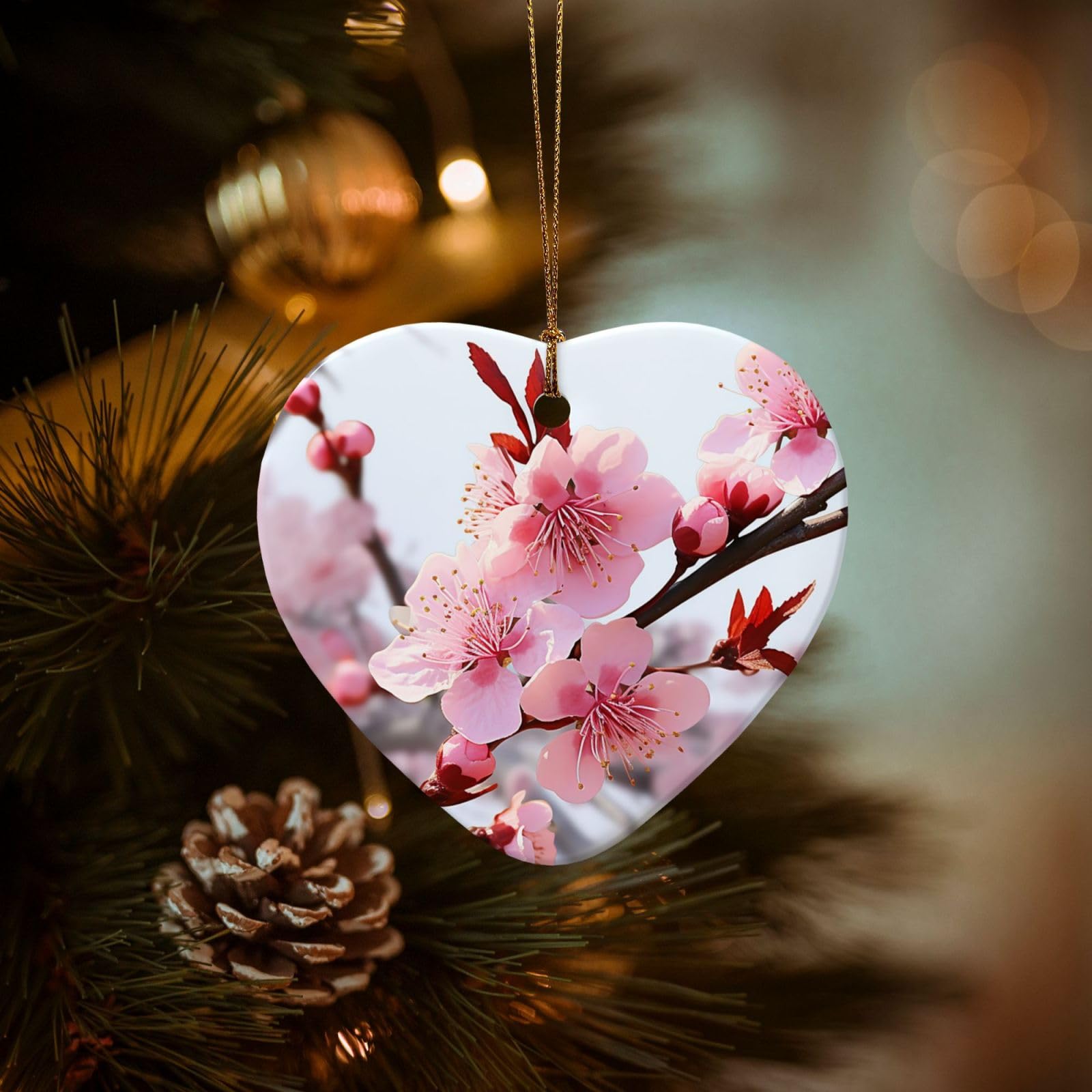 Christmas Ornaments for Christmas Tree Decoration Hanging Plum Blossom Ornament with Gold Ribbon Crafts Heart Shape Ceramic Pendant for Keepsake Gifts Xmas Decor Party Supplies