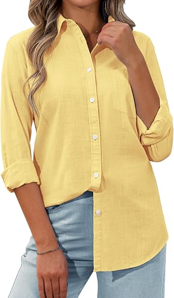siliteelon Womens Button Down Shirt Linen Button Up Shirts for Women Long Sleeve Summer Shirt Collared Blouse Linen Tops