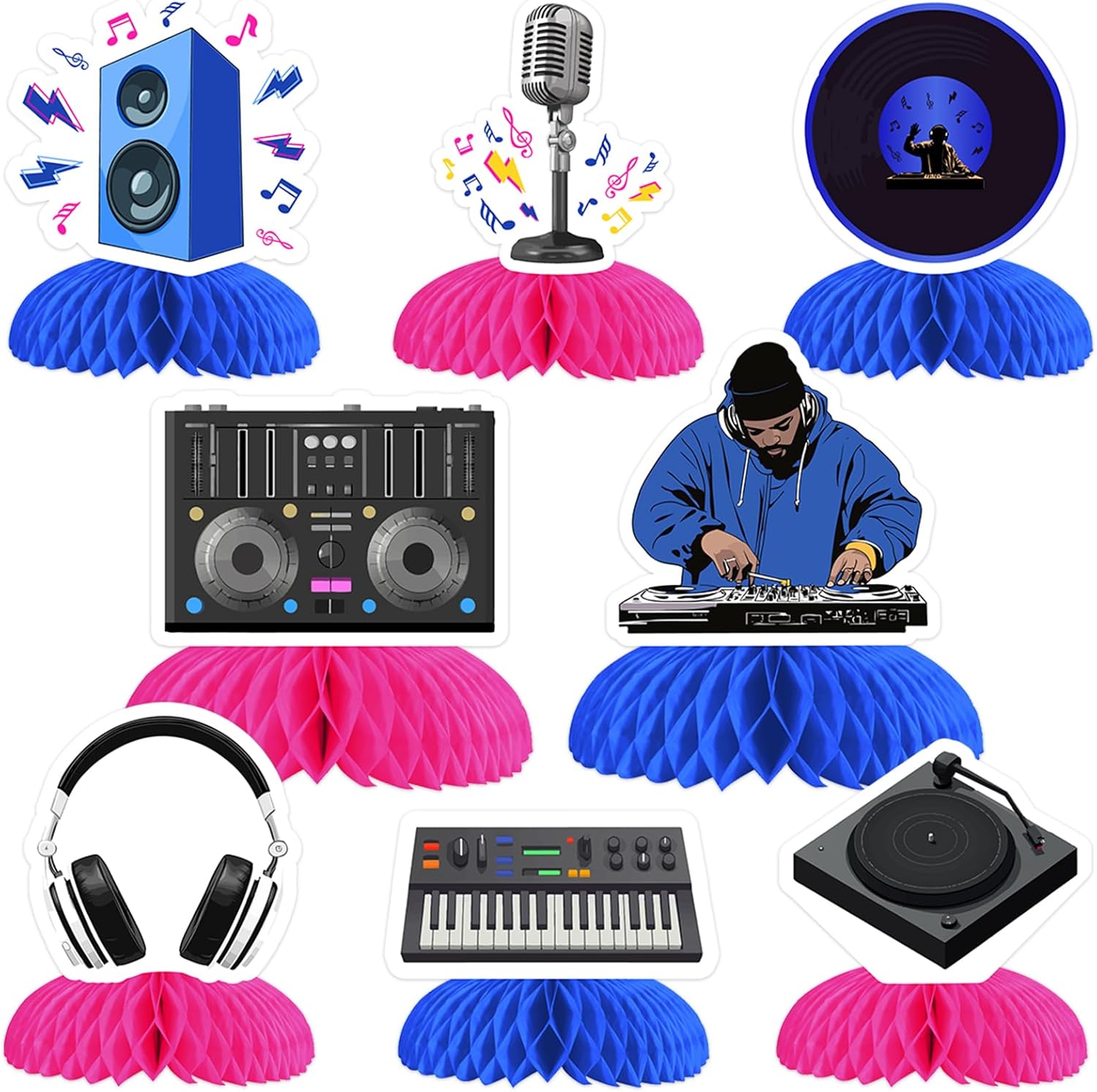8pcs DJ Themed Honeycomb Centerpieces Decorations, Music Disco Hip Hop Table Toppers, Birthday Bachelorette Party Supplies