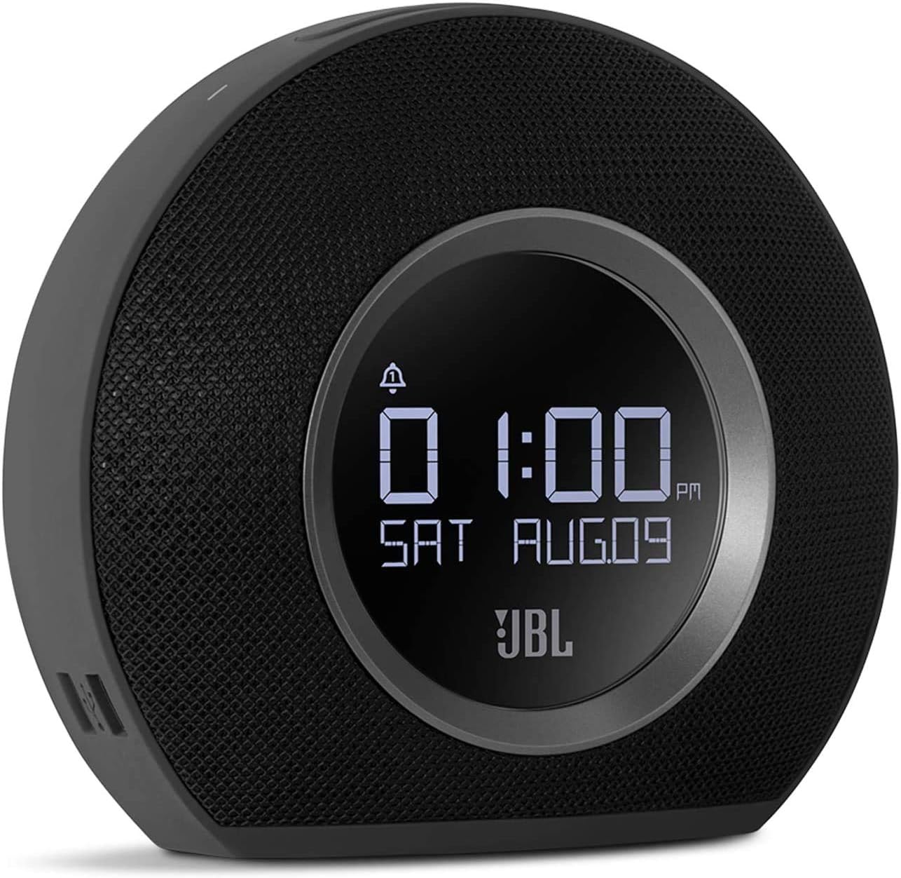 مخکی view of the JBL Horizon alarm clock radio, black, displaying the time 01:00 PM and date SAT AUG 09.