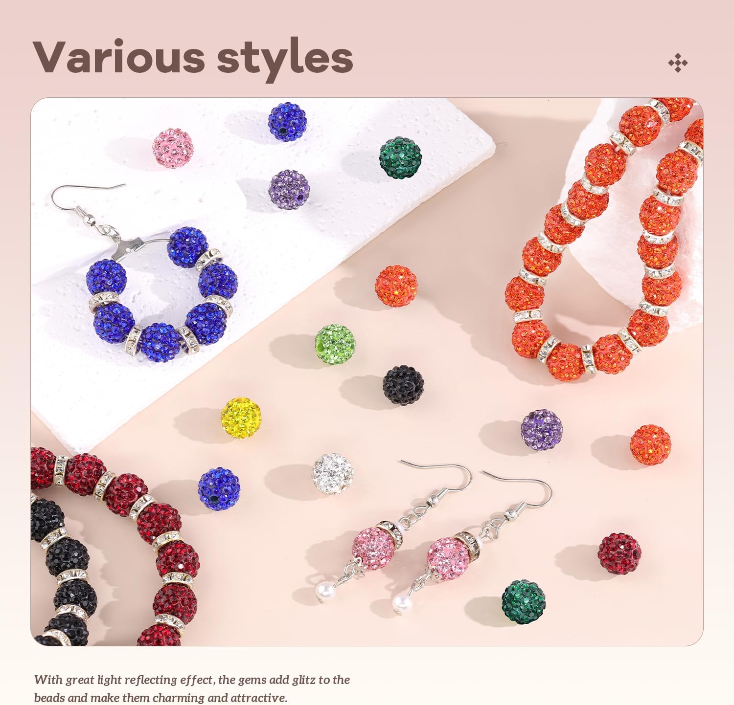 100 pcs 10mm Rhinestone Beads for Jewelry Making, 10 Mixed Colors Shiny Round Disco Ball Beads Bulk, Sparkle Crystal Clay Christmas for Bracelet Baseball Necklace Earring Crafting and DIY - Image 3