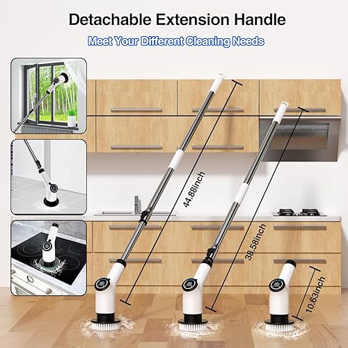 Miniatura 5 de Limpiador eléctrico giratorio, cepillo de limpieza inalámbrico con 8 cabezales de cepillo reemplazables y mango de extensión ajustable, limpiador de