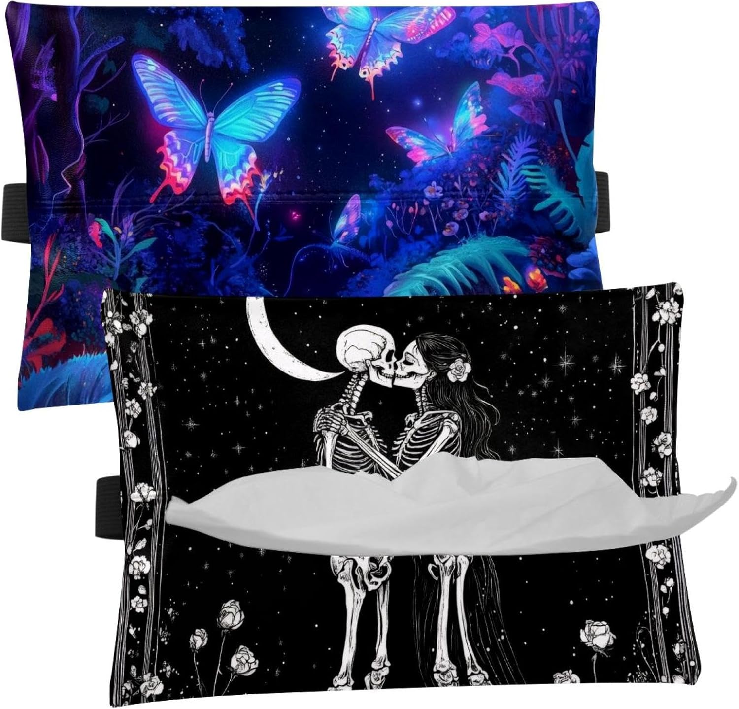 2 Pieces Tissues Purse Pocket Car Tissue Box Holder, Reusable Travel Car Visor Tissue Pouch Zipper Tissue Case for Vehicle Paper Storage (Glow Night Butterfly Plants)