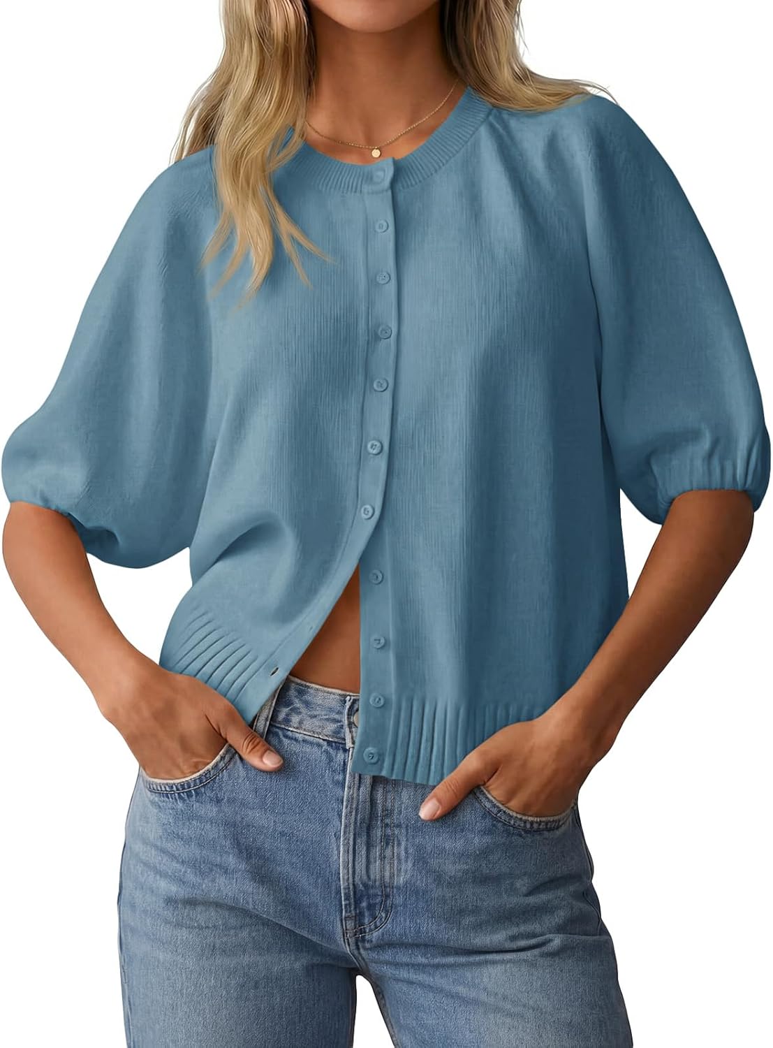 Saodimallsu Womens Puff Half Sleeve Cardigan Lightweight Knit 2026 Spring Summer Crew Neck Button Down Sweater Tops