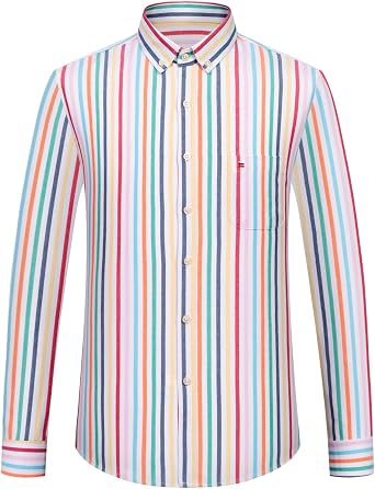 Mens Plaid Striped Button Down Shirts Spring Fall Cotton Long Sleeve Oxford Dress Shirts with Pocket