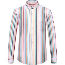 Men's Plaid Striped Button Down Shirts Spring Fall Cotton Long Sleeve Oxford Dress Shirts with Pocket