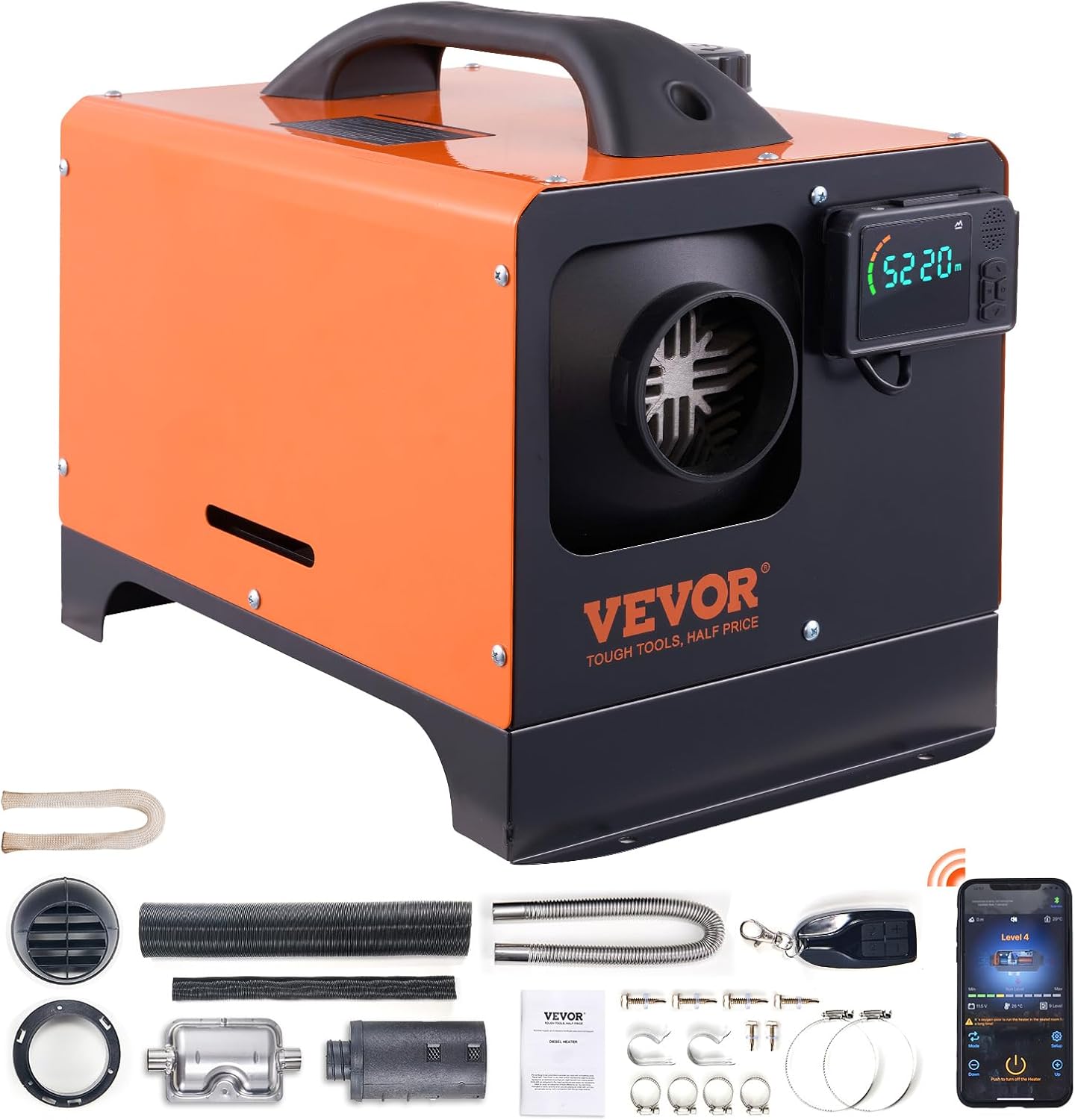 VEVOR Diesel Heater, 12V All-in-one Diesel Air Heater with Remote Control and LCD Display, 5L Fuel Tank Fast Heating Portable Diesel Parking Heater for RV, Truck, 5KW, Upgrade - APP Control, Orange