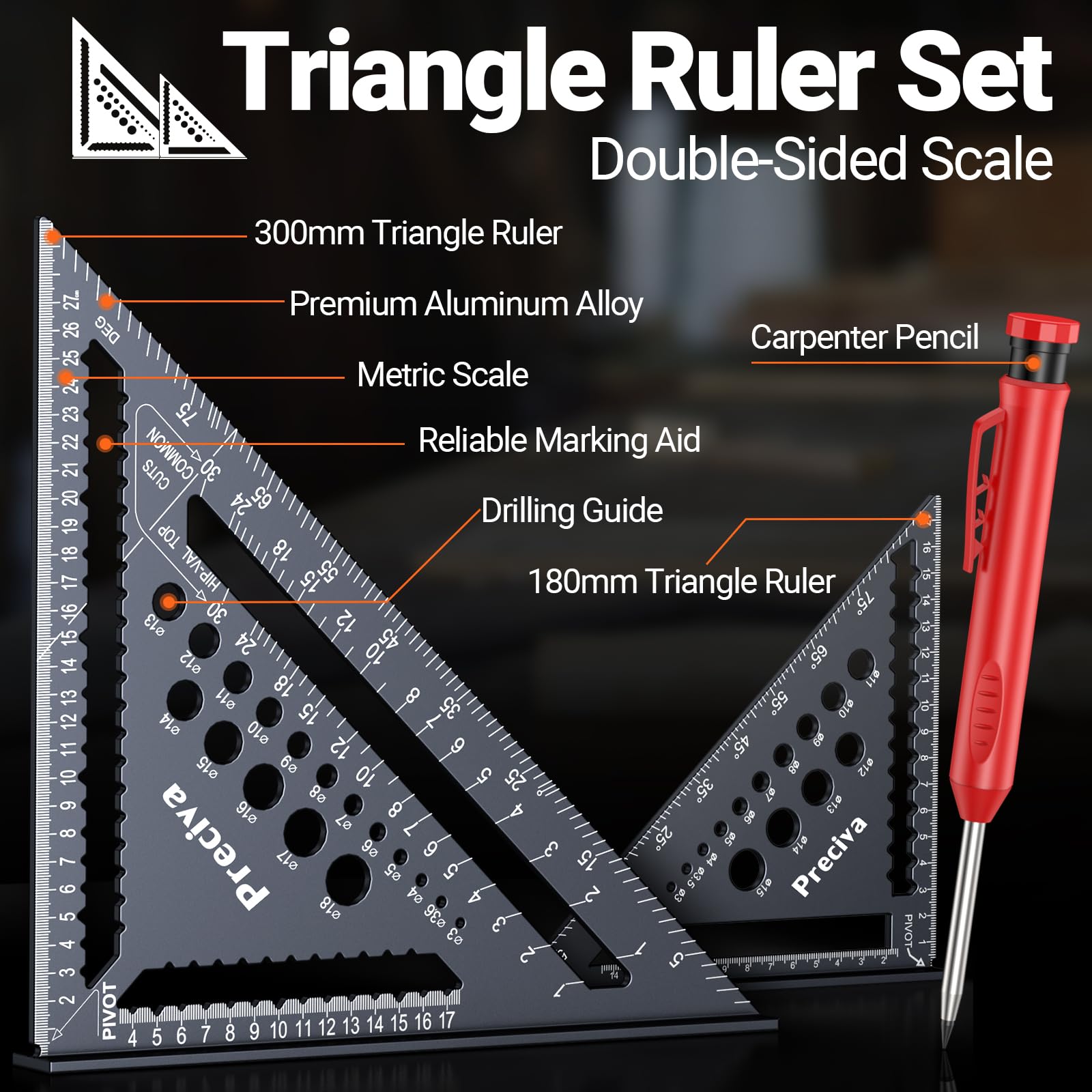Set Square, Preciva 2-Piece Speed Square with Carpenter Pencil, 18+30cm/ 7+12inch Woodworking Tools - Image 2