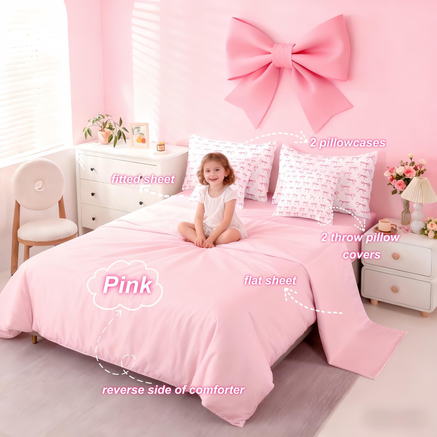 Erosebridal Cartoon Bowknot Kids Bedding Set Twin,Pink Ribbon Bow Comforter Sets with Sheets for Girls Butterfly Knot Princess Bed in A Bag,Girly Watercolor Bow 7 Pieces Bed Set Bedroom Decor - Image 3