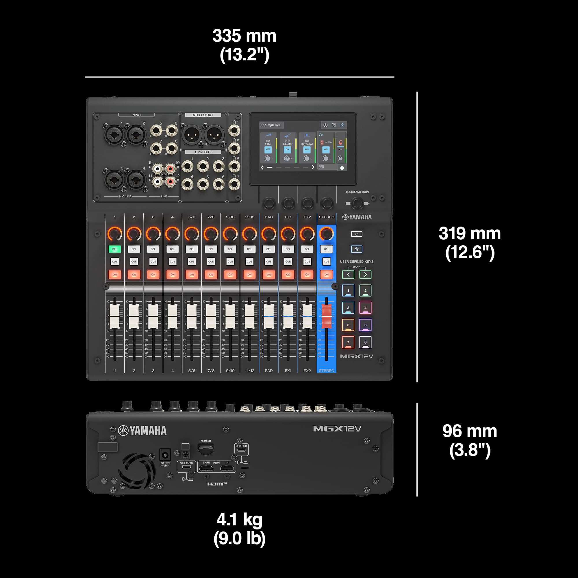 YAMAHA MGX12V Mixer Audio e Video con LCD Touch, HDMI USB, Nero | Mixer AV Compatto con Acquisizione HDMI-USB, Bluetooth, Doppia USB e Registrazione microSD