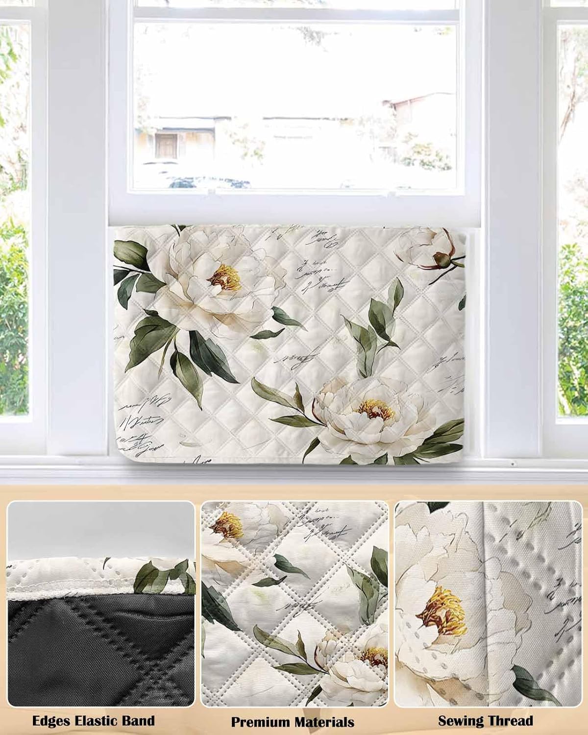 Vintage Floral Spring Indoor Air Conditioner Covers, Farmhouse Botanical Window AC Unit Cover with Drawstring Double Insulation, White Flowers Waterproof Air Conditioner Covers for Inside 25Lx18Hx3.5D image 3