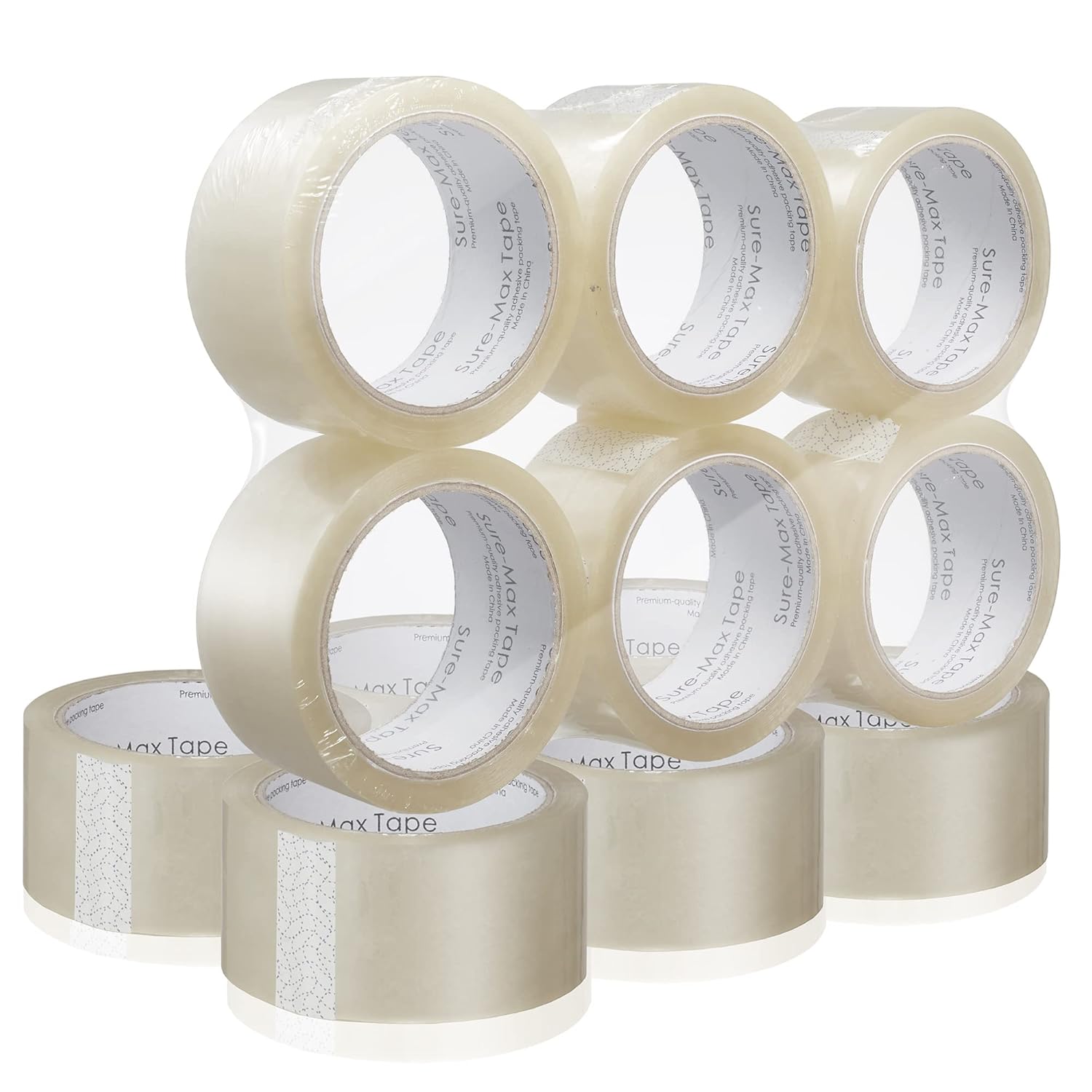 Sure-Max 12 Rolls Heavy-Duty Shipping & Packing Tape (2" x 60 yard/180' Each) - Moving & Adhesive Carton Sealing - 2.7mil Clear