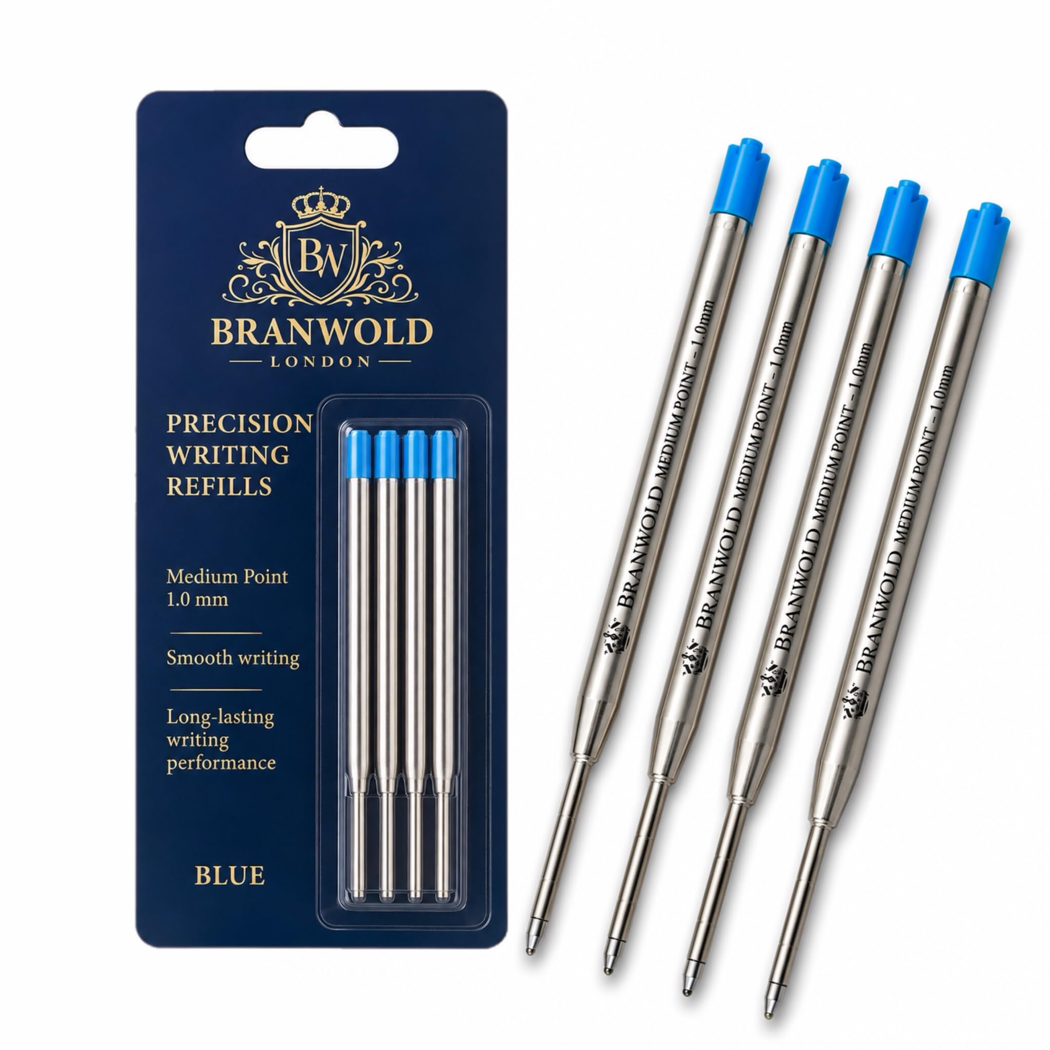 BRANWOLD London Premium Ballpoint Pen Refills, Pack of 4 G2 Compatible 1.0mm Medium Point Ink Cartridges, Smooth Writing Replacement Refills for Twist & Click Pens, Blue Ink