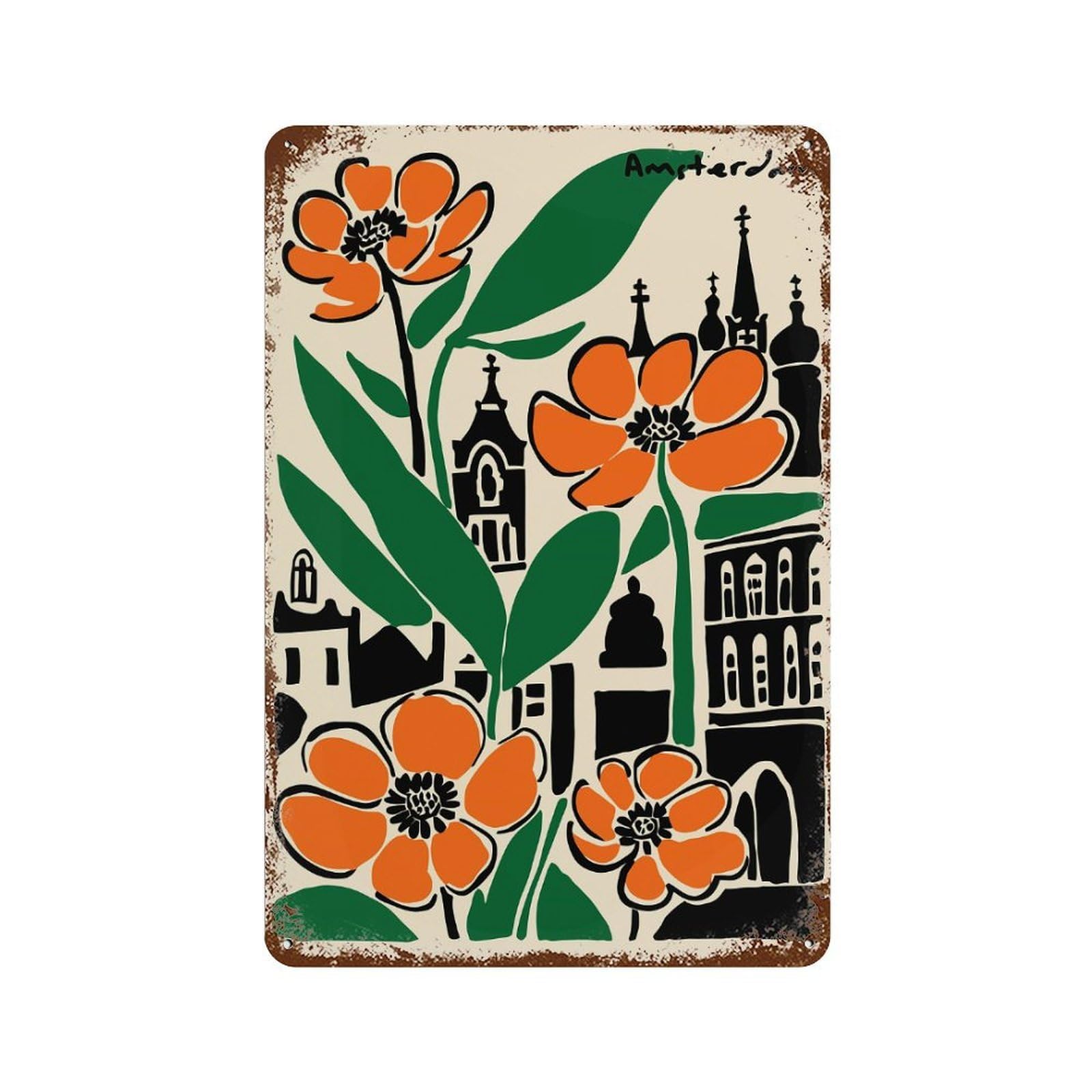Vintage Rust Metal Sign Amsterdam Flowers And Buildings Illustration 11.8"x7.9", Old School Wall Decor for Garage, Bar And Workshop Decor