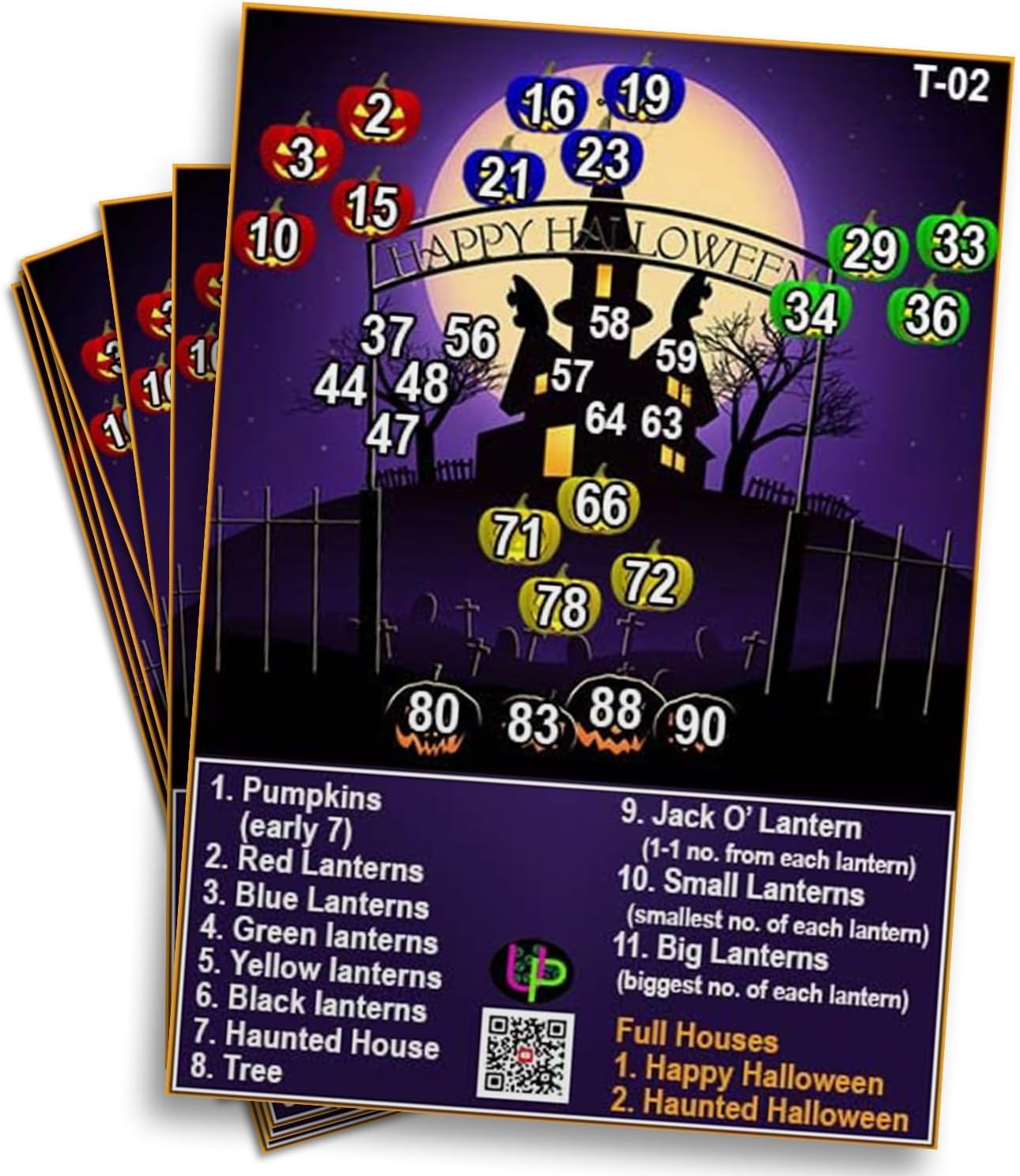 Halloween Lanterns Theme Tambola Tickets - English | Vibrant Halloween Party for Bingo Housie Game | Set of 15 Tickets for Themed Kitty Party & Events