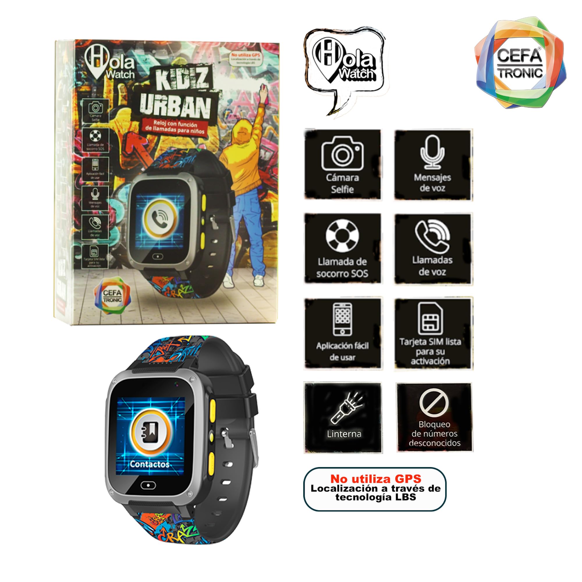 Cefa Toys - Reloj Inteligente Holawatch Urban Black, Entretenimiento para Niños y Seguridad para Padres, Conectividad 2G, Localización LBS, Tarjeta SIM, Pantalla Táctil, Cámara, Juegos y Llamadas
