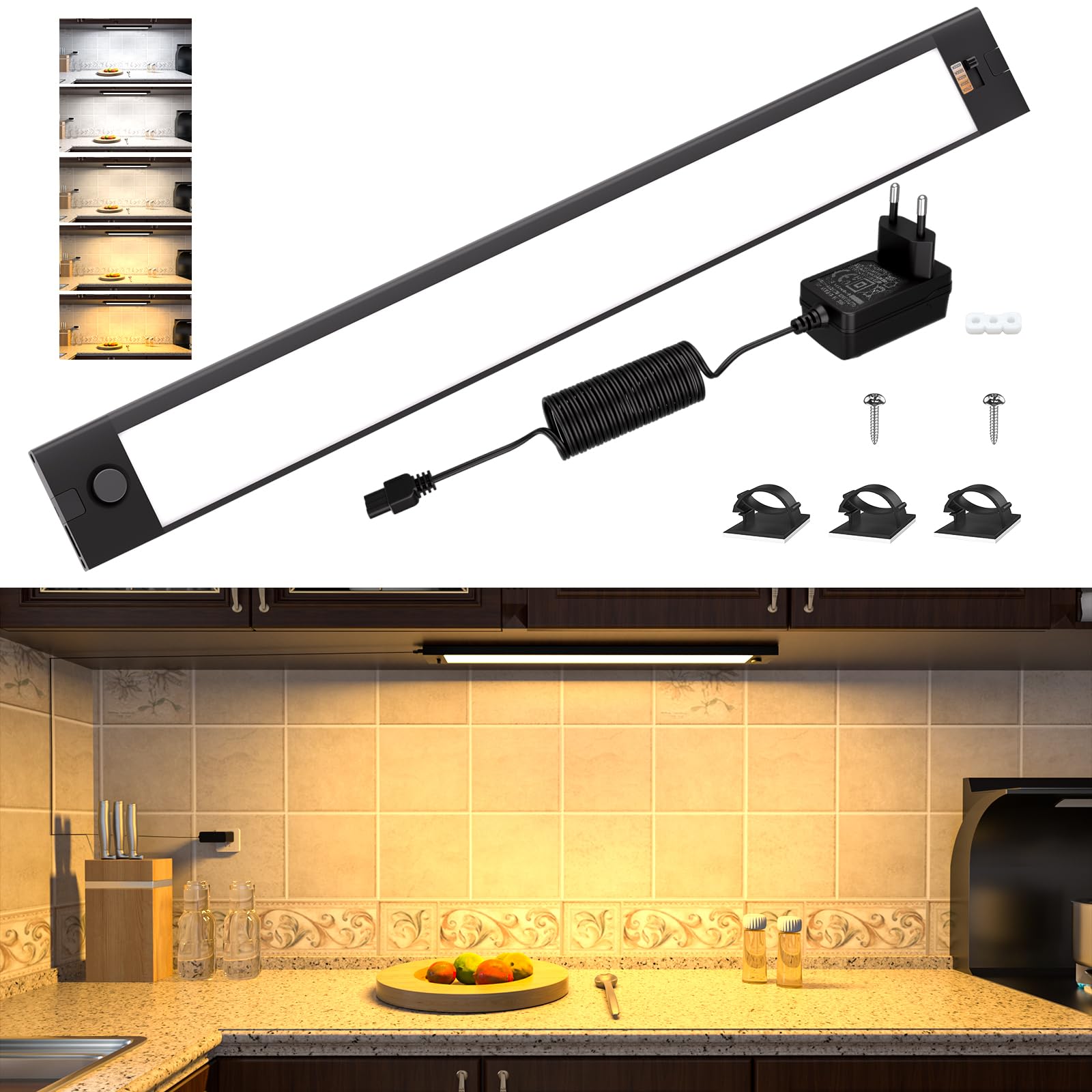 WOBANE Luz LED Cocina Bajo Mueble Enchufable, Regulable Luces para Gabinete 42 cm, 5 Temperaturas de Color Lampara para Interior, Estante, Escritorio, Encimeras de Cocina, Lavanderías