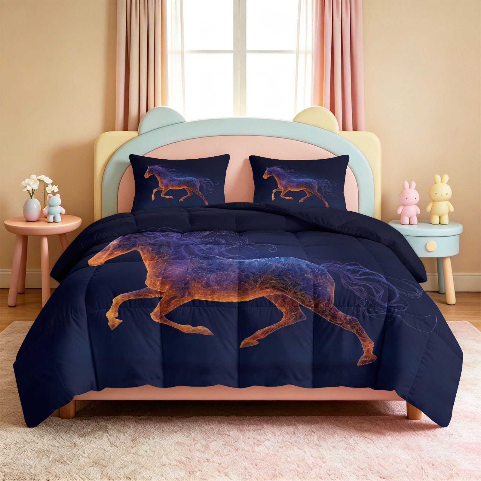 Edredón de 240 x 260 cm, cielo estrellado caballo para cama de 2 personas, edredón fantástico animal cificción, universo, reversible, 4 estaciones, manta transpirable y suave para adolescentes