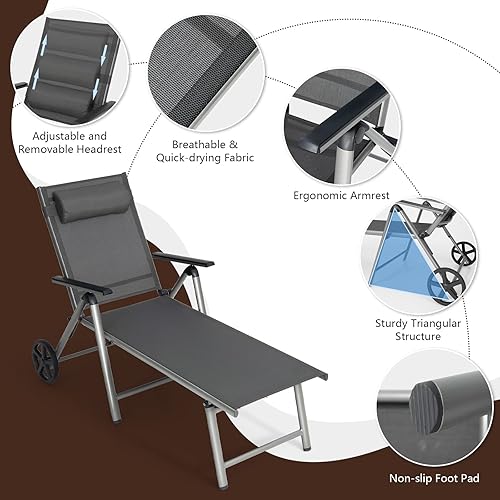 Miniatura 8 de COSTWAY 2 piezas de silla reclinable de aluminio plegable con ruedas ajustables