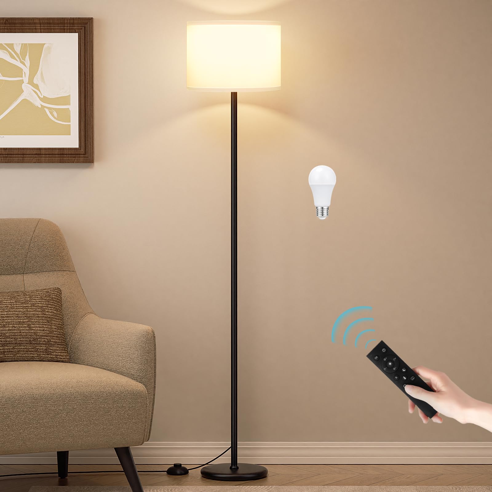 Ambimall Modern Floor Lamp with Remote Control and 9W Bulb, Brightness and Color Temperature Adjustable, 60" Tall Lamps for Living Room Bedroom Office Dining Room Kitchen