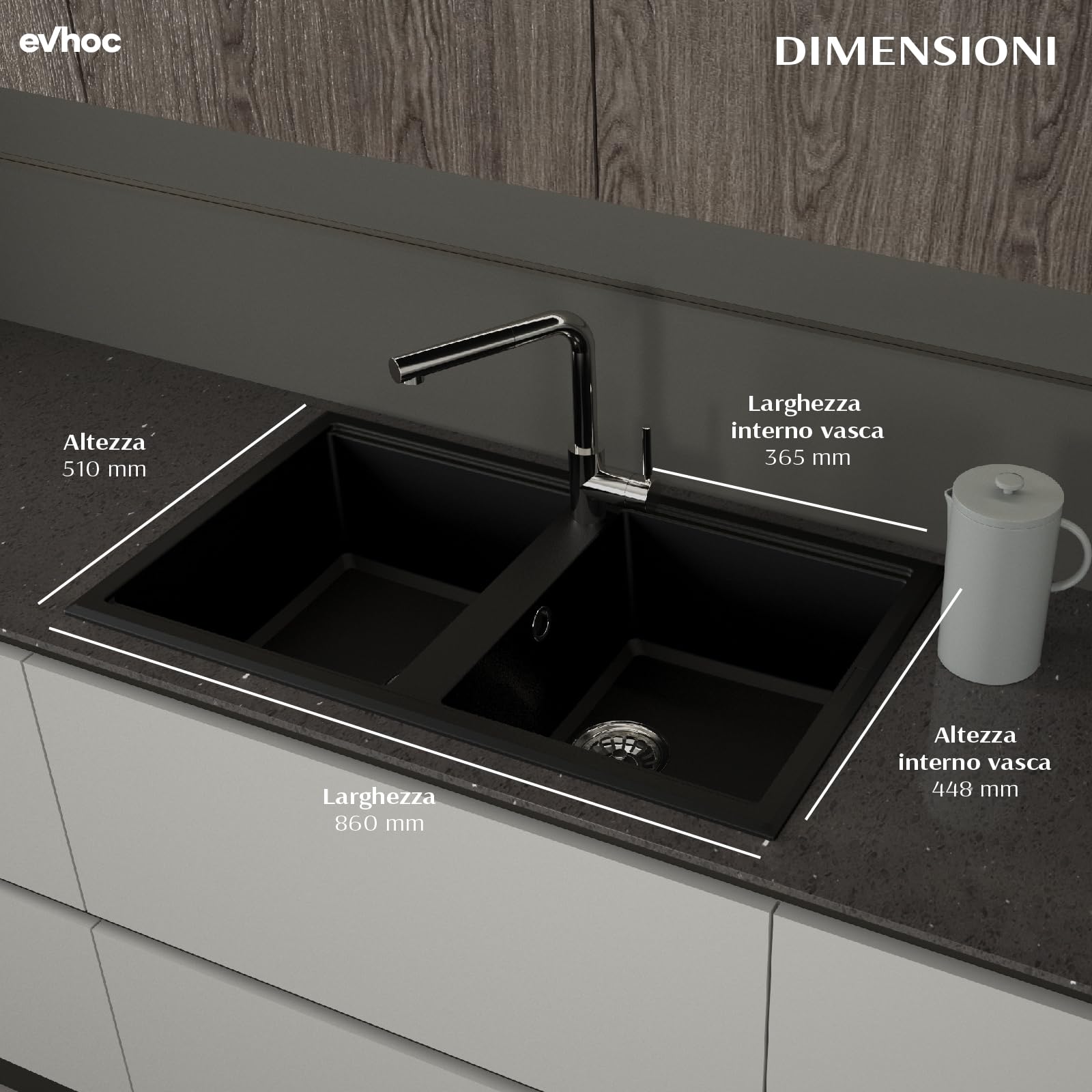Evhoc Lavello Cucina Sopratop 86x51 cm, 2 Vasche, Lavandino Doppia Vasca in Kuarzite, Piletta Inclusa, Made in Italy, Nero, ADHOC M