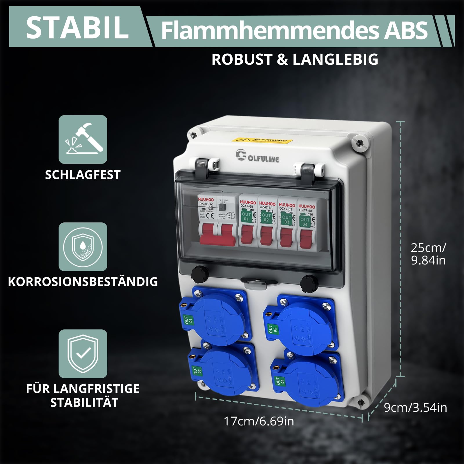 COLFULINE Baustromverteiler mit LS/FI, Vorverdrahtet & Wasserdicht IP66 | Stromverteiler 4x 230V Schuko-Steckdosen 16A, Verdrahtungshinweis, Flammhemmende ABS, für Werkstatt Baustelle Innen & Außen