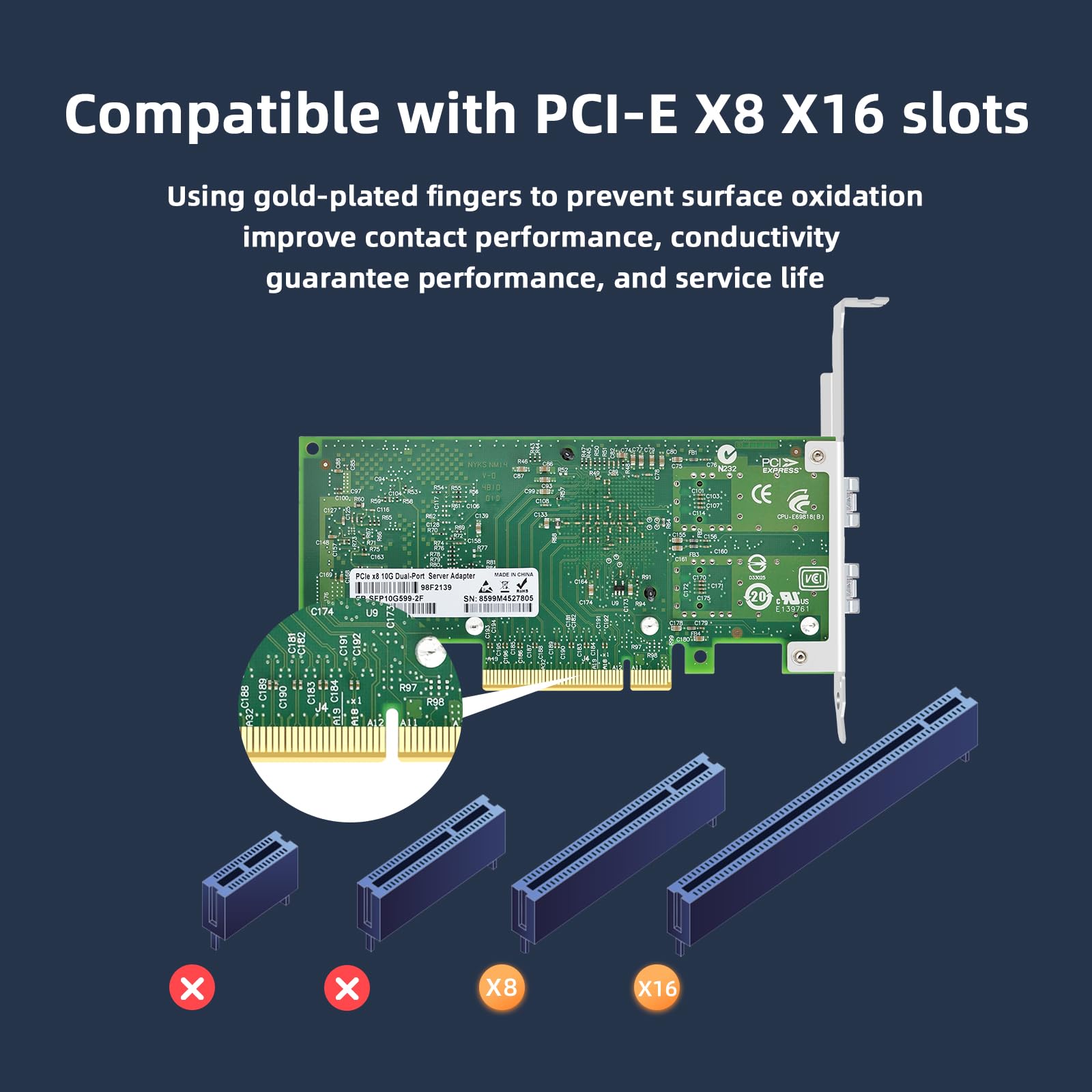 Scheda di rete in fibra ottica a doppia porta SFP+ PCI-E X8 da 10 GB, (con modulo ottico a modalità singola in 2 pezzi) con chip Intel 82599, adattatore server Ethernet X520-LR2, supporta