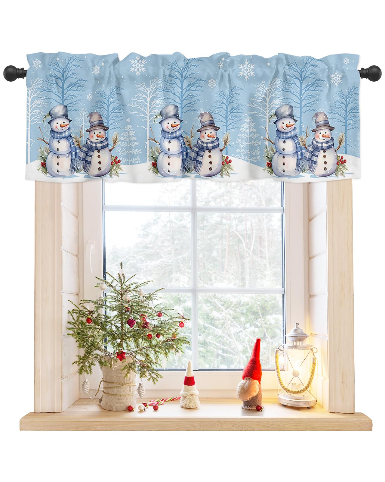 Christmas Valances for Kitchen Windows, Blue Winter Forest Snowman Xmas Tree Silhouette Rod Pocket Window Curtain for Bathroom Cafe Basement, Farmhouse Small Window Treatment, 42