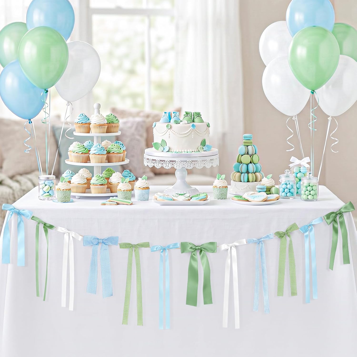 Blue Green Gingham Bow Garland, Blue and Sage Green Gingham Bow Banner | Plaid Ribbon Bows Decor, for One Silly Goose Birthday Party Decorations Baby Shower Decor, Gingham Party Decor Supplies