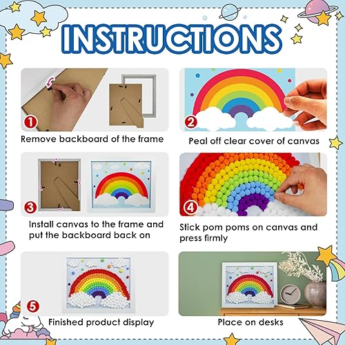 Miniatura 4 de Funto Kit de arte de pintura de pompones de arco iris, más de 1100 pompones, lienzo y marco resistente para decoración del hogar, manualidades