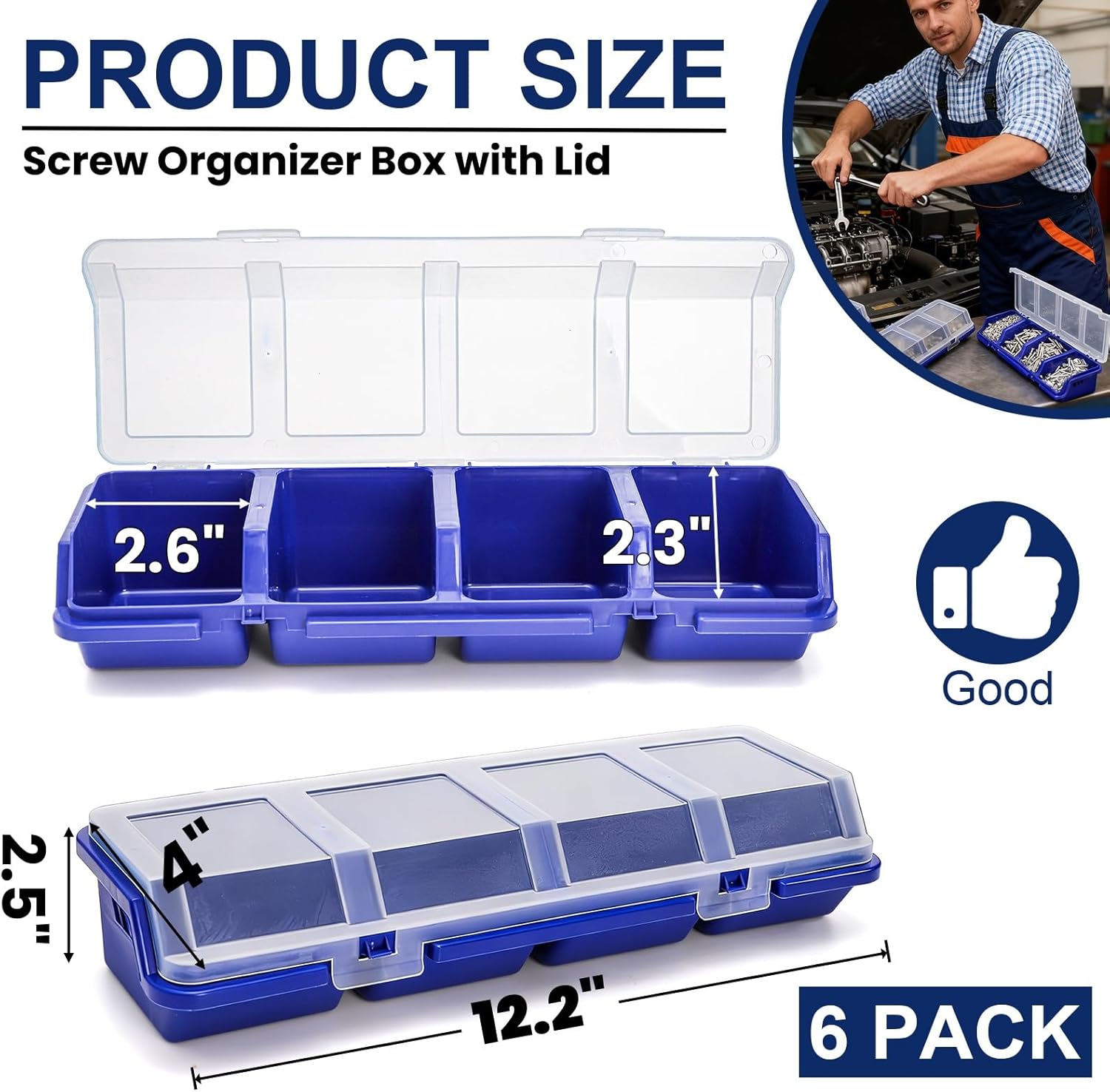 Tlence 6 Pack Screw Organizer Box with Lid, 4 Compartments Small Parts Bins, Plastic Hardware Storage Containers, Nails Sorting Divider Toolbox Case for Garage Nuts Bolts Craft Organizing