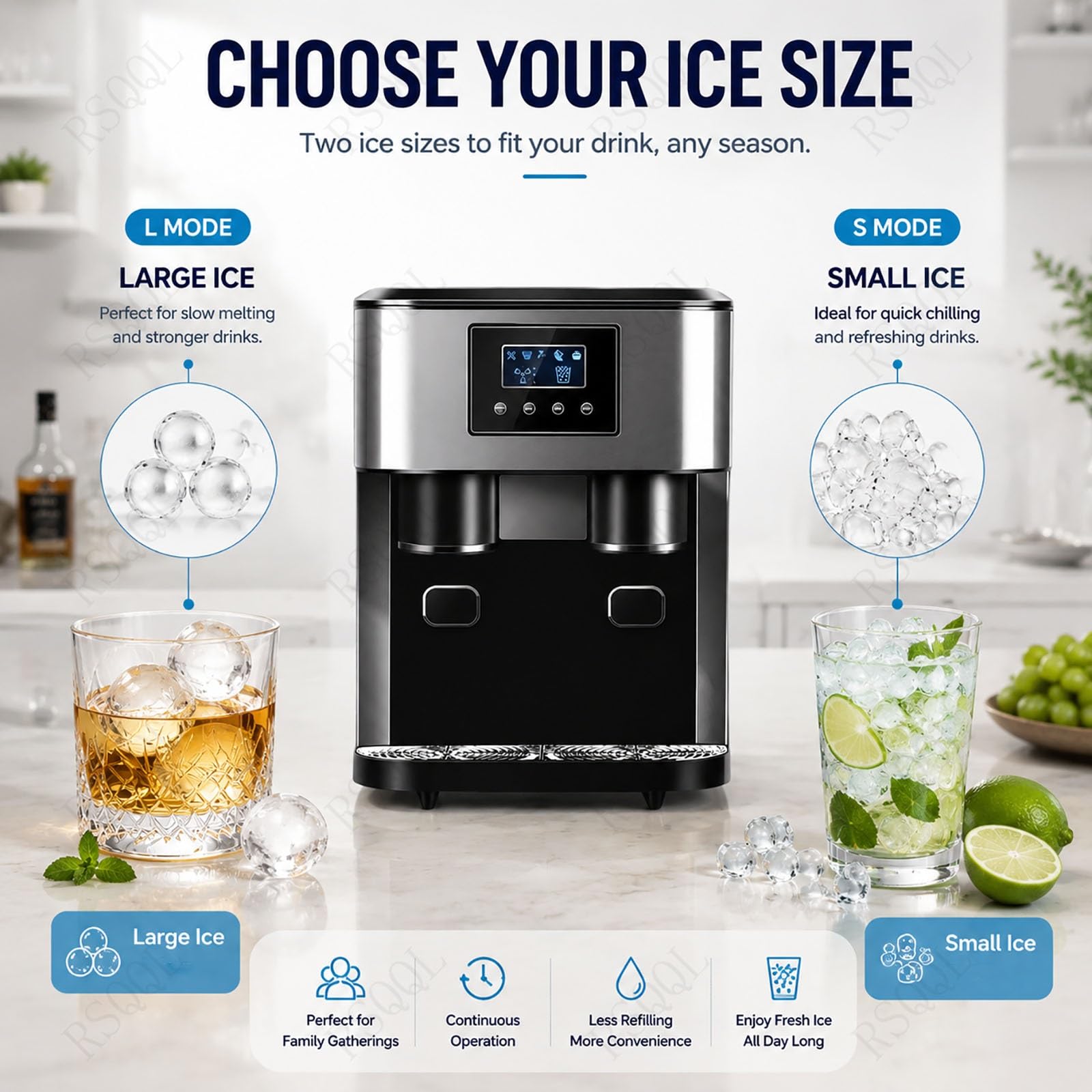 Máquina de hielo for encimera 3 en 1, acero inoxidable | Con ventana de visualización, produce cubitos de hielo, hielo triturado y agua fría, ciclo de 8 a 12 minutos.(Blue)