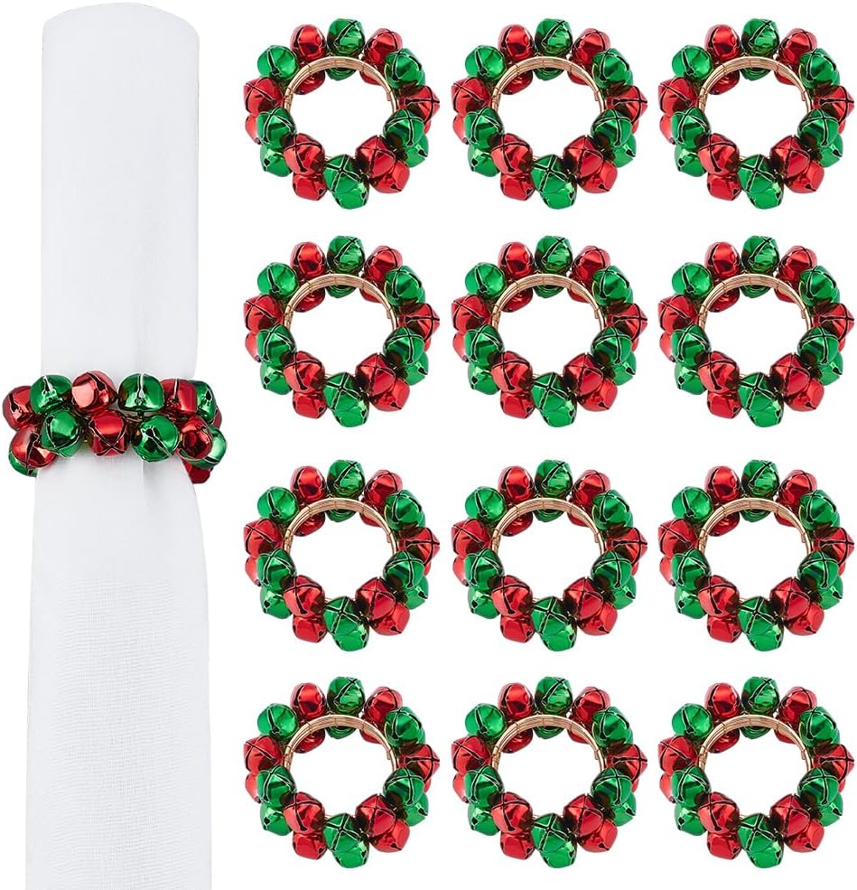 PLIGREAT Christmas Napkin Rings Set of 12, Red Green Bell Napkins Ring Holders Classic Jingle Bell Napkins Rings Metal Napkin Ring Buckles for Christmas Dinner Party Wedding Table Decoration