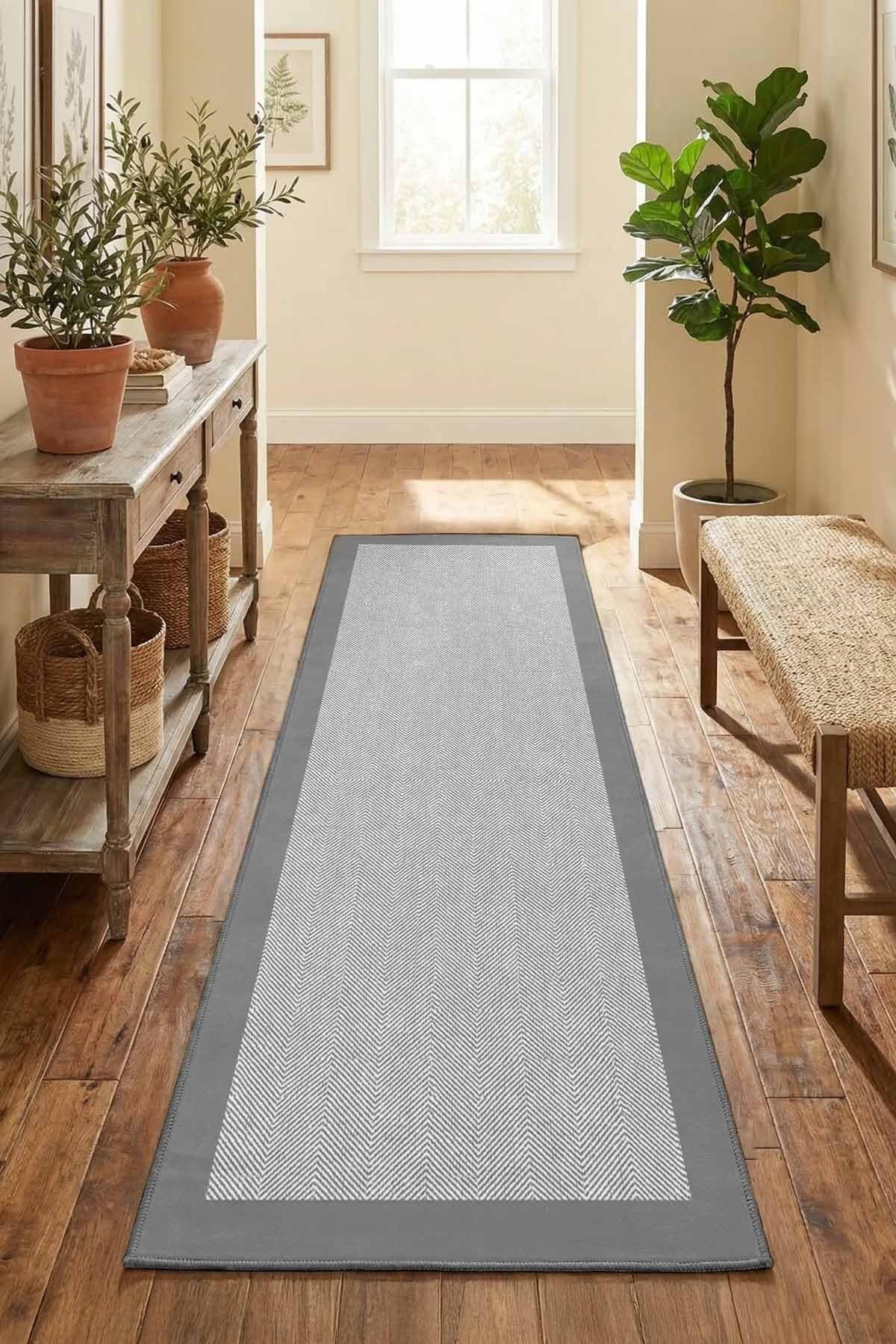 Monnhein Gri Yolluk B1255 - Yıkanabilir, Kaymaz Taban, Dijital Baskılı, Leke Tutmaz, İnce Hav, Modern Koridor, Mutfak, Antre ve Salon için Dekoratif Yolluk