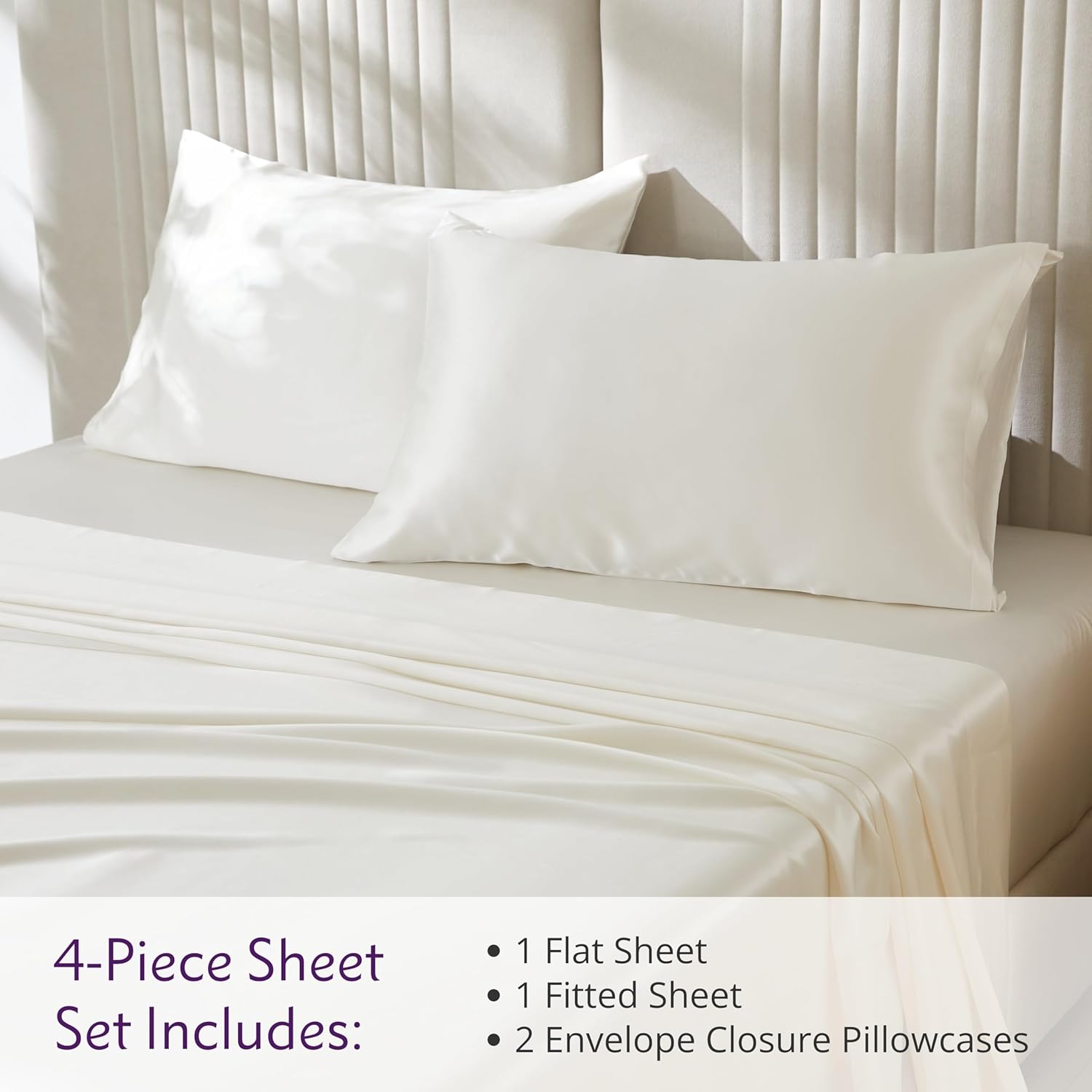 Mulberry Park Silks - 22 Momme 100% Mulberry Silk Sheets - Full Size Bed Set - 16" Pocket - Luxurious Bed Sheets & Pillowcases, Skin-Friendly & Breathable - Charmeuse Silk for Hair Care - Ivory