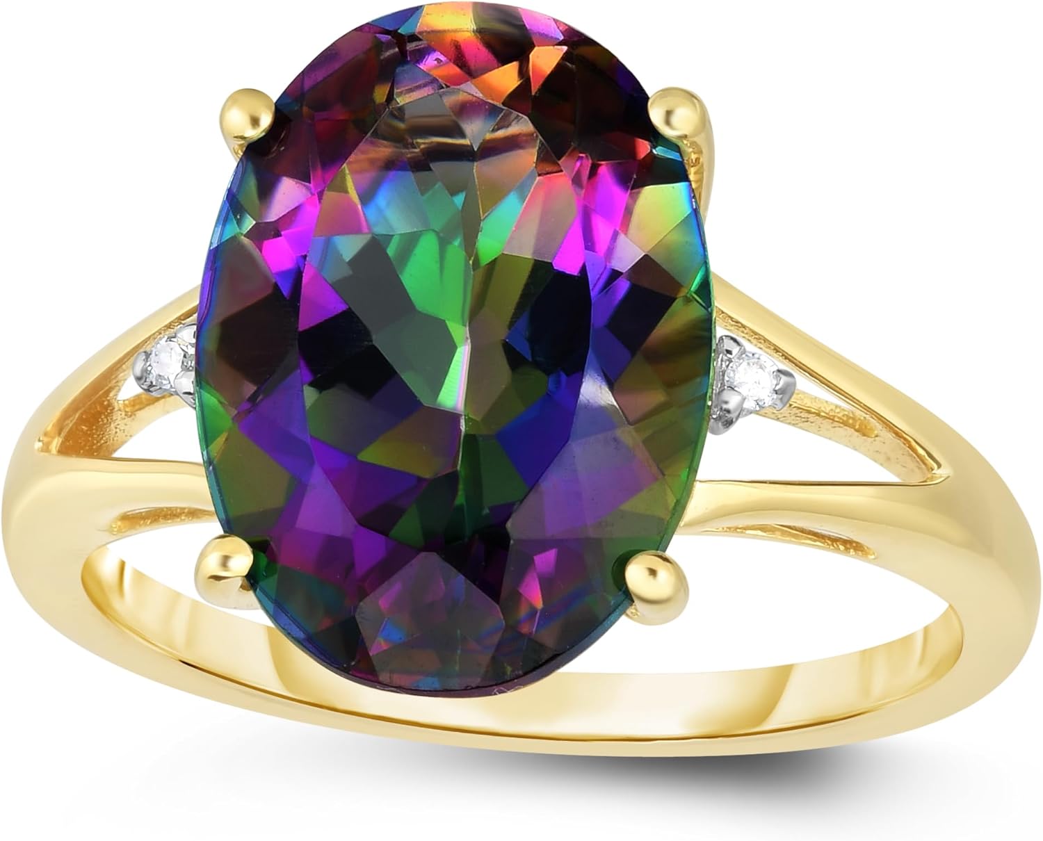 14K Yellow Gold Genuine Mystic Topaz 7-1/8 Ct, Oval Diamonds Ring. Size 7