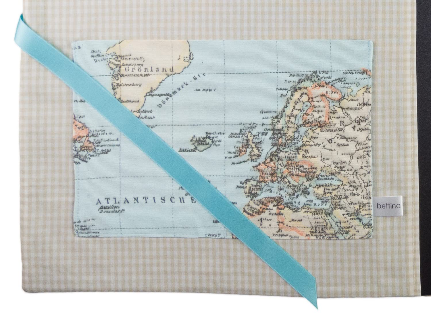 bettina bruder - Sammelmappe DIN A3 - innen 30 Sichthüllen - Landkarte Weltkarte Vichykaro hellblau beige