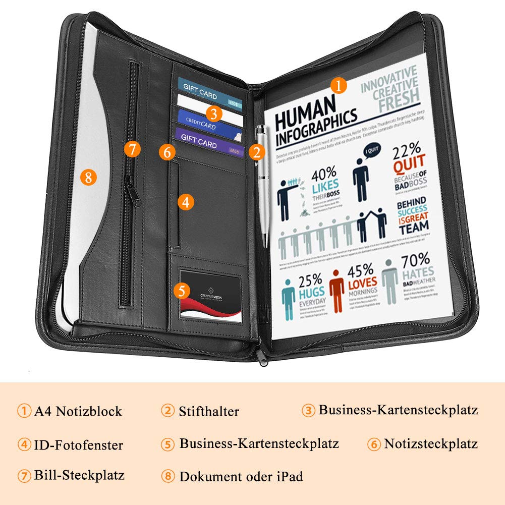 Cartella per conferenze con cerniera A4 cartella per conferenze con cerniera, formato A4, custodia per documenti, in pelle PU, con cerniera, portapenne, raccoglitore, tasche per biglietti visita