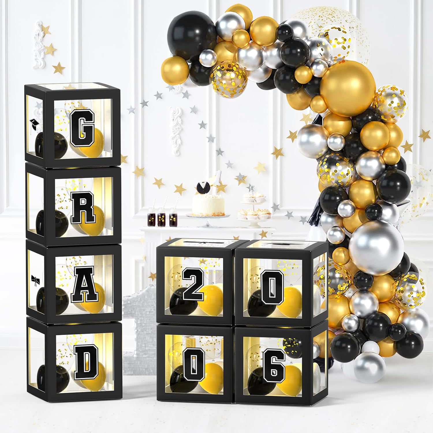 2026 Graduation Party Decorations, HYMENEX 4 PCS Graduation Boxes with Balloons Arch Garland Kit and Light Strings for Class of 2026 Party Supplies High School College Graduations Decorations (Black)