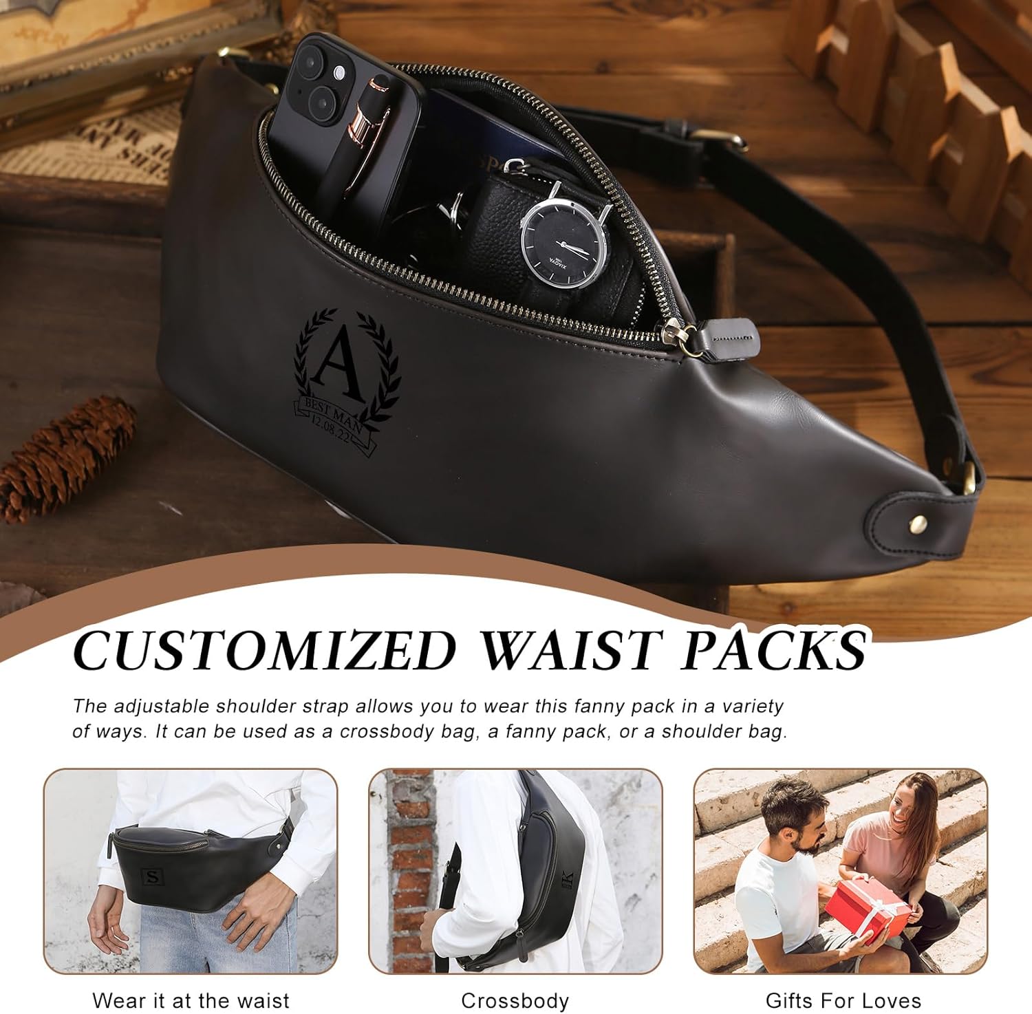 Personalized Leather Crossbody Fanny Pack for Men Custom Text Belt Bag Sling Crossbody Bags Fashionable Large Waist Pack Gift for Christmas Anniversary for Him Husband Son Grandpa