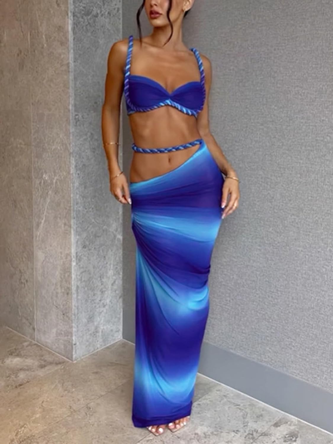 Women's Two Piece Skirt Sets Summer Beach Sexy Ruched Backless Cami Top And Cut Out Skirt Night Out Dress