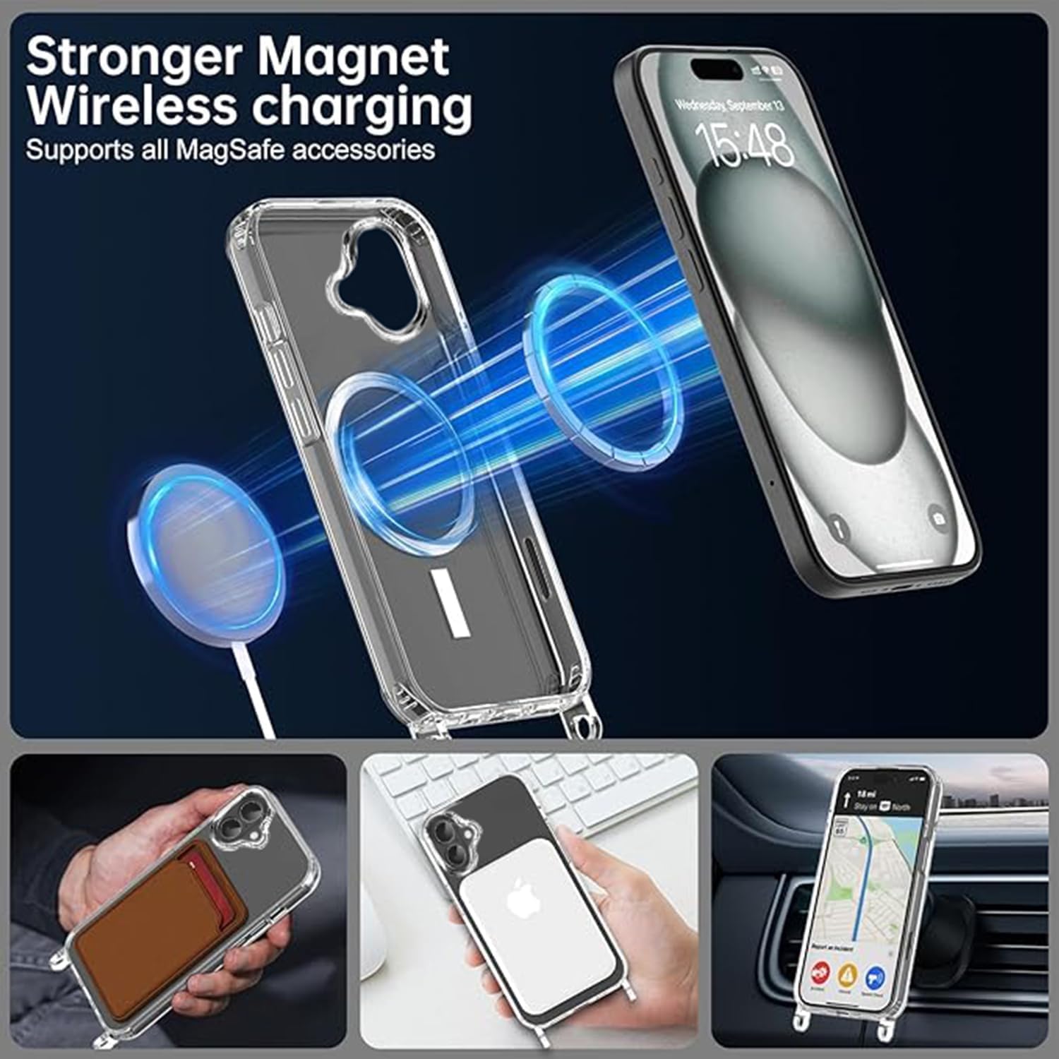 Pnakqil Magnetica Cover per iPhone 16 con Cordino, Compatibile con MagSafe, Ultra Sottile Cuore Silicone Custodia con Laccio Tracolla, Elettrolitico
