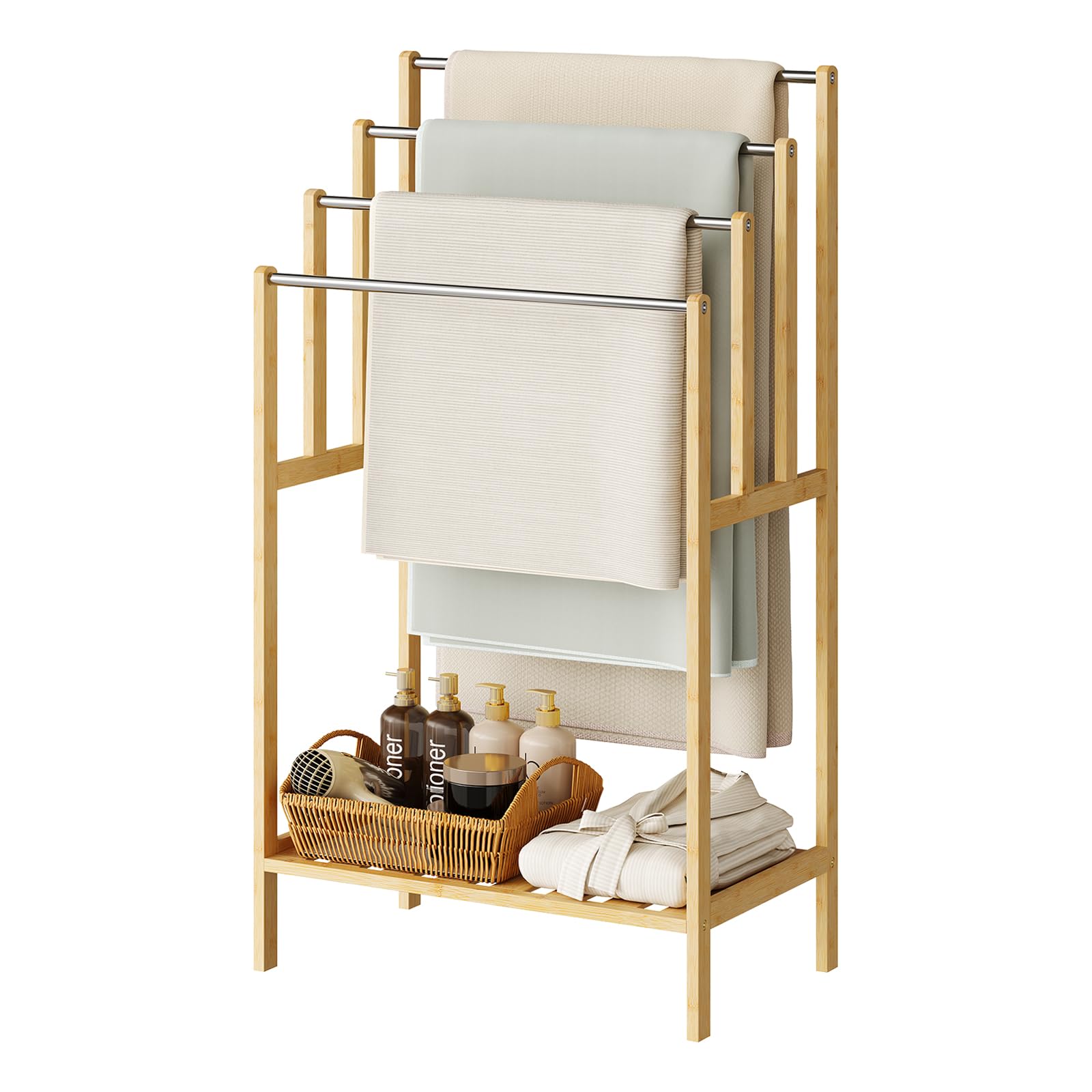 Eugad Bamboo Bathroom Towel Rack Ladder 4 Steel Rails Shelf 50X30x90cm