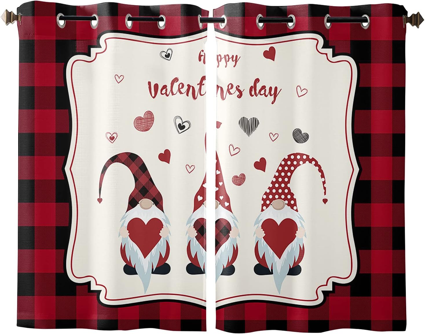 Valentine's Day Window Curtain Gnome Lovely Dwarf Windows Drapes Panel, Chic Buffalo Plaid Red Black Light Filtering Kitchen Cafe Curtains Drape Treatment Set of 2 with Grommet Top