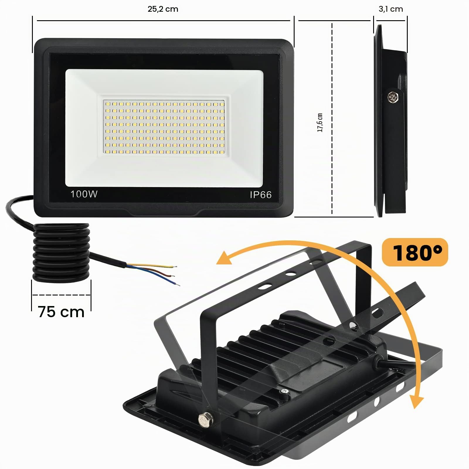 4 PCS-Faretto LED da Esterno 100W Faro LED da Esterno 10000LM Faretto da esterno 6000K Bianco Freddo Faretti Led Esterno IP66 Impermeabile Super Luminosa Faro led per Giardino, Cortile, Garage