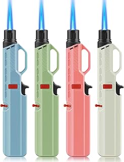 4 Pack of Torch Lighter, Windproof Adjustable Jet Flame, with Safety Lock, Long Refillable Butane Torch Lighters for Grill, Camping, Candle, Stove (NO Gas)