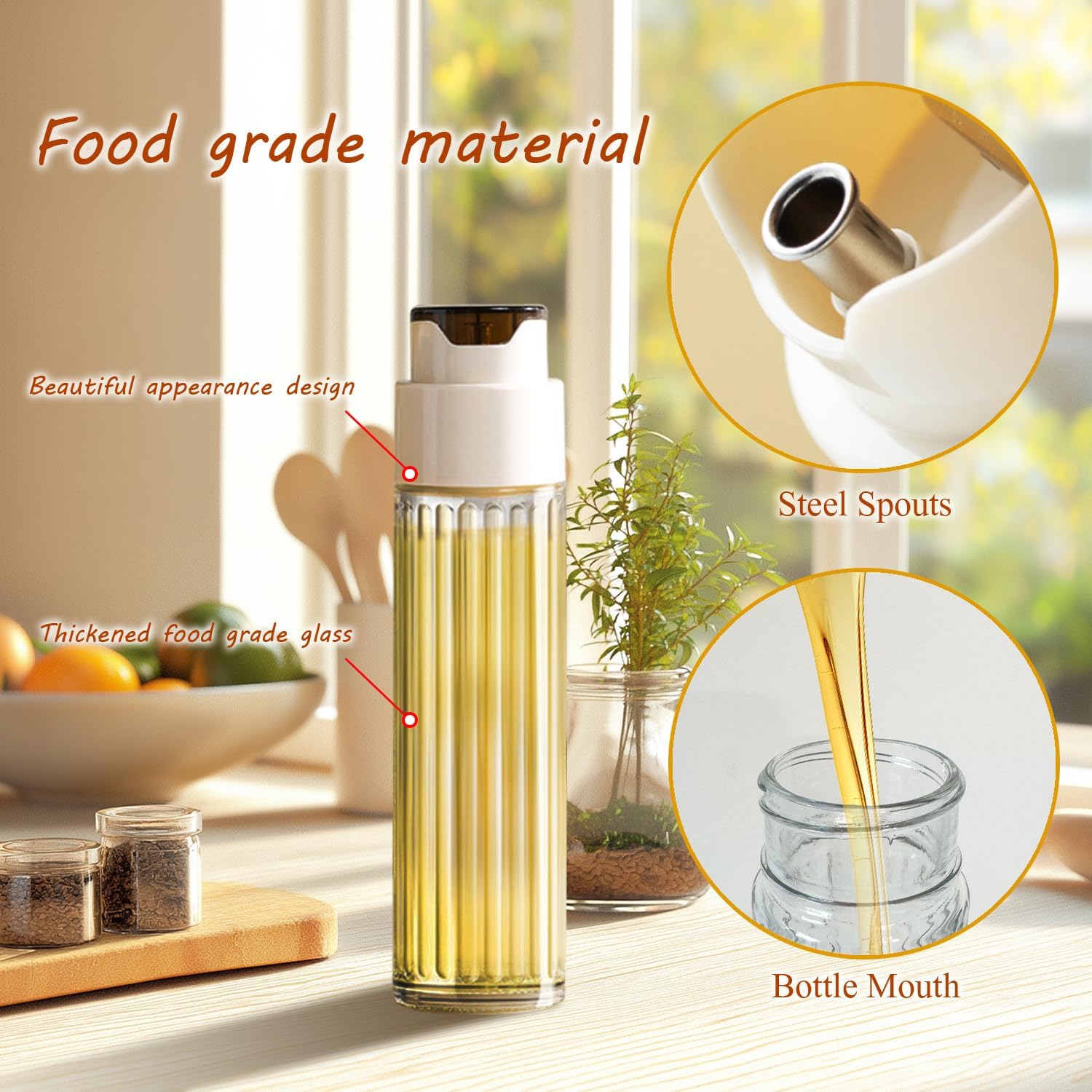 Limso Glass Olive Oil Bottle Dispenser, 17oz / 500ml Oil and Vinegar Dispenser, Automatic Opening and Closing of Bottle Caps (White)